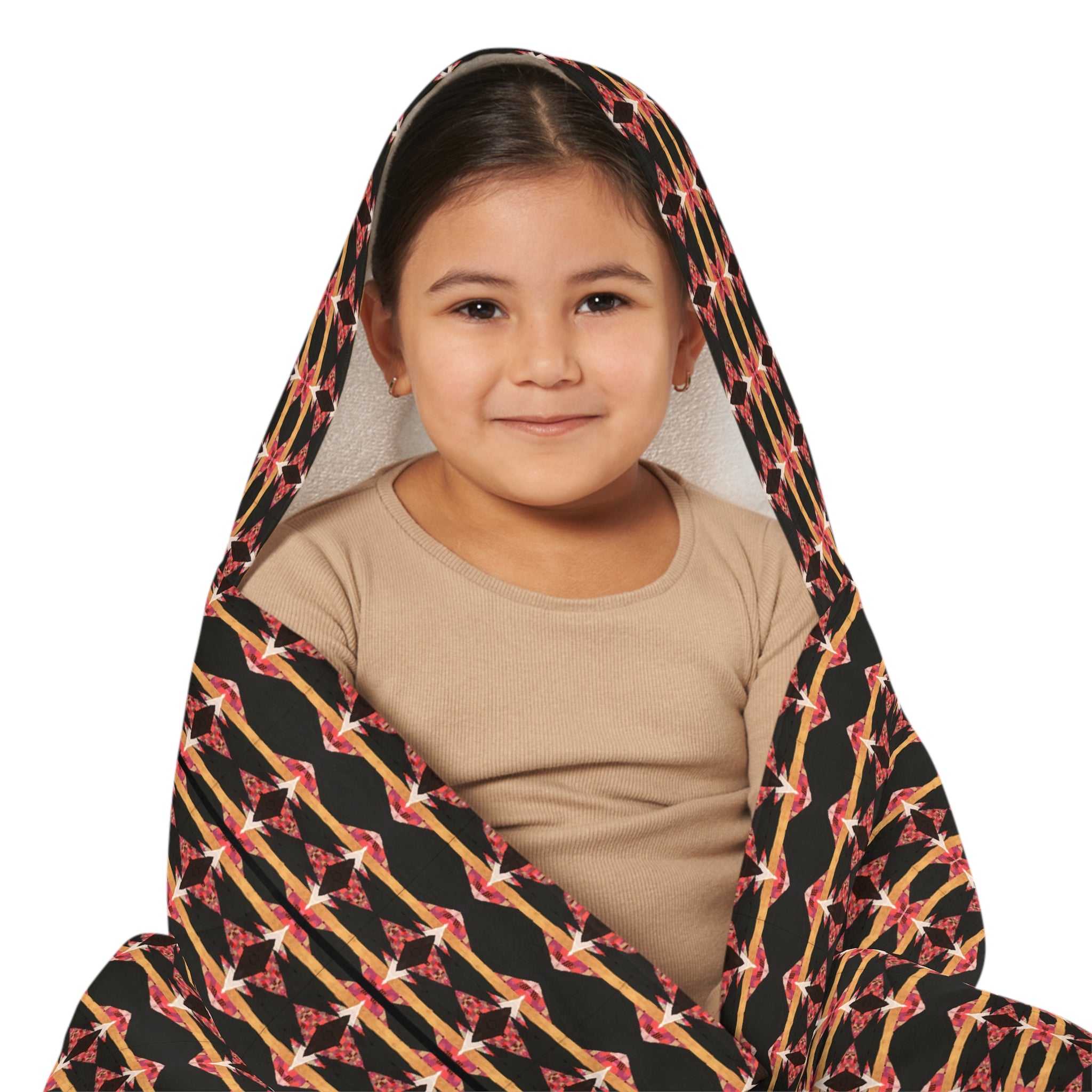 "Native America Now" Hooded Towel - Geometric Coral & Black Kids Beach Wrap