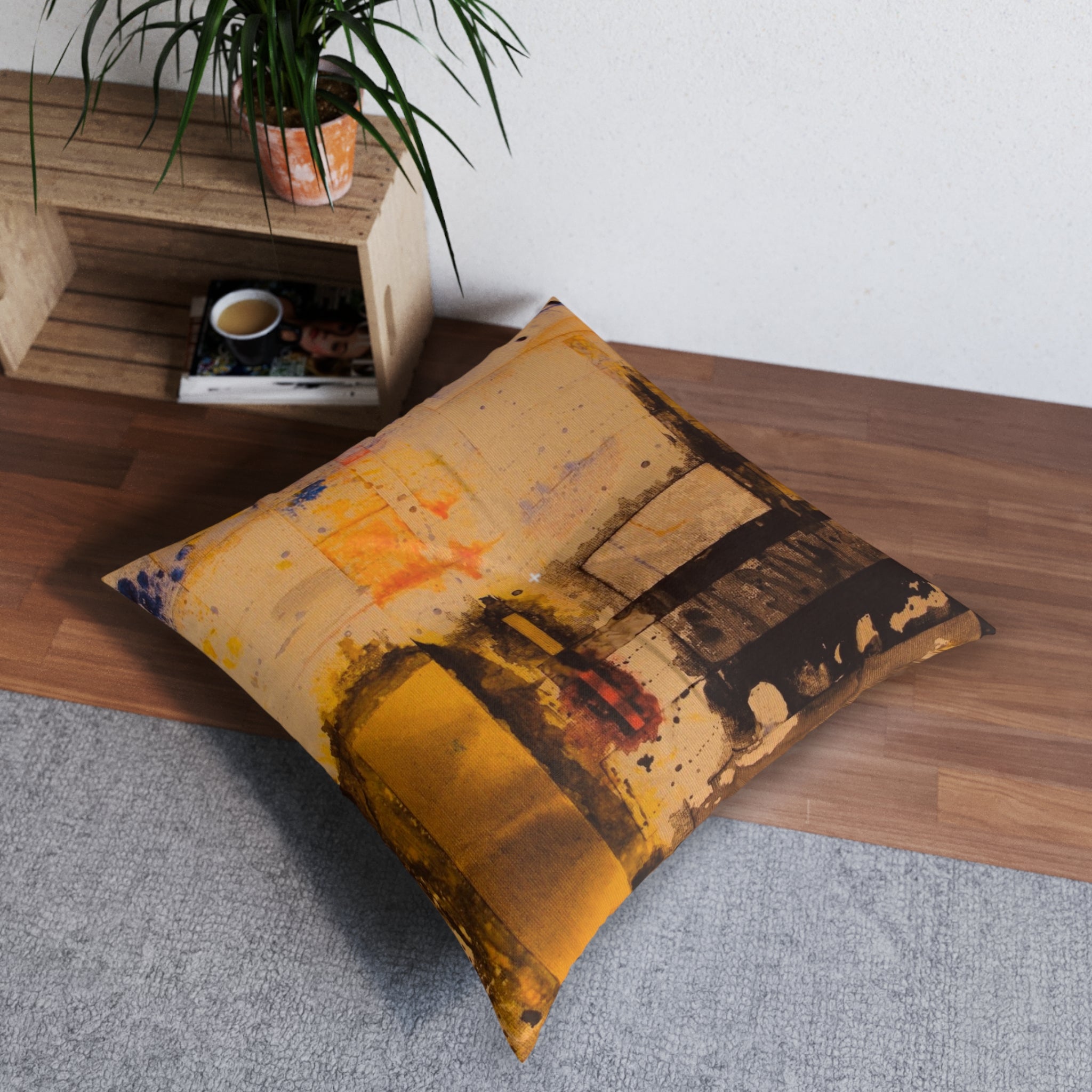 "Dance in the Rain" Abstract Golden Grid Tufted Floor Pillow — Modern Art Square Cushion