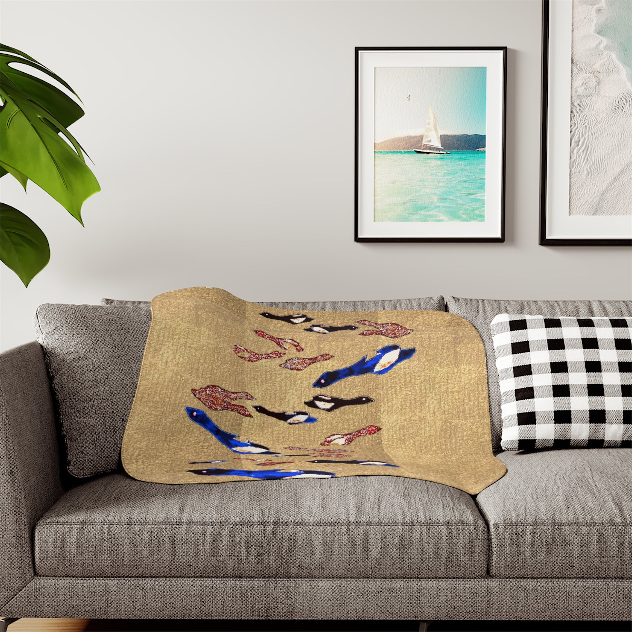 "Fly Me to the Moon" Magpie Flock Sherpa Blanket — Cozy Beige Throw with Blue Bird Motif