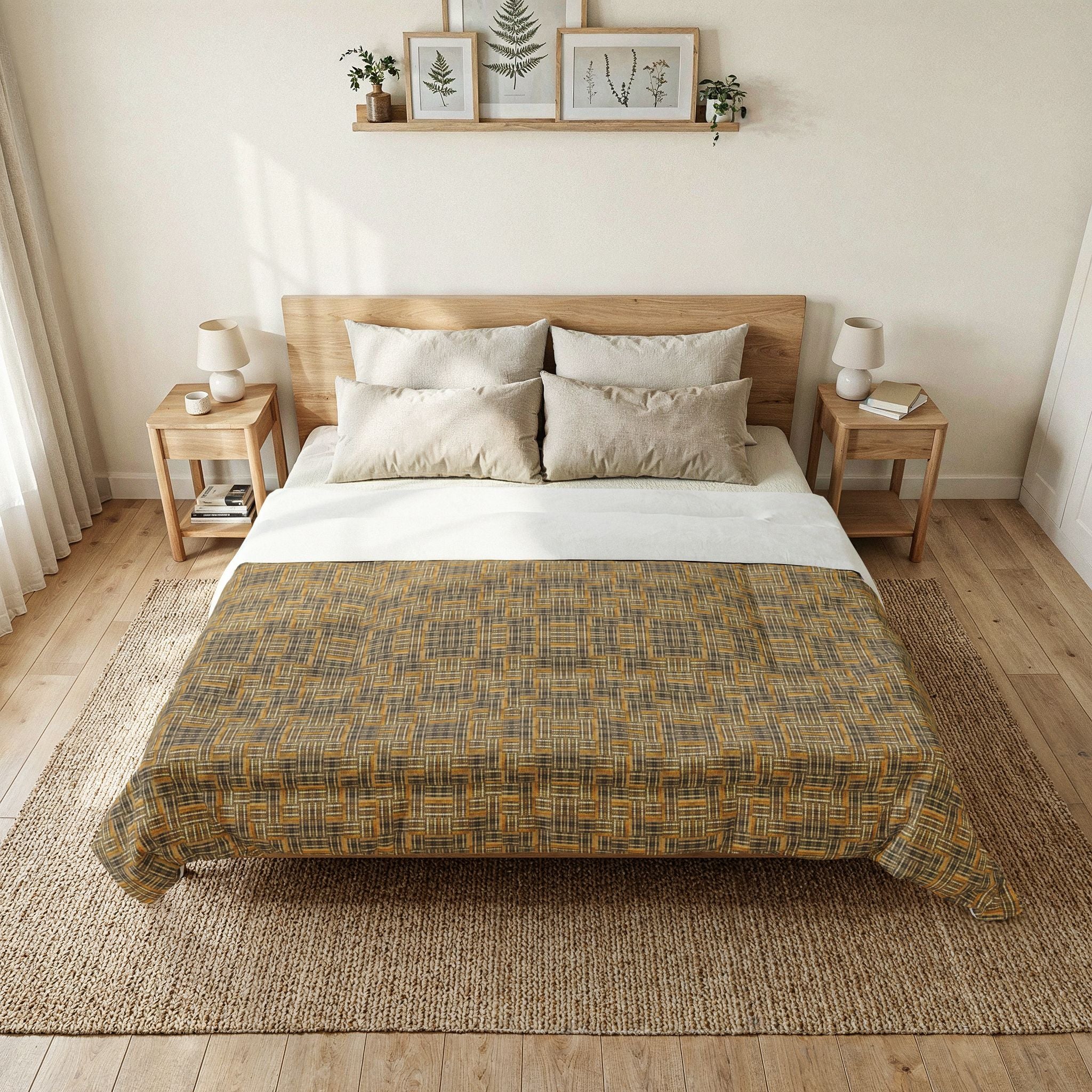"All Things Fall Apart" Woven Plaid Cotton Comforter — Rustic Yellow-Brown Bedspread