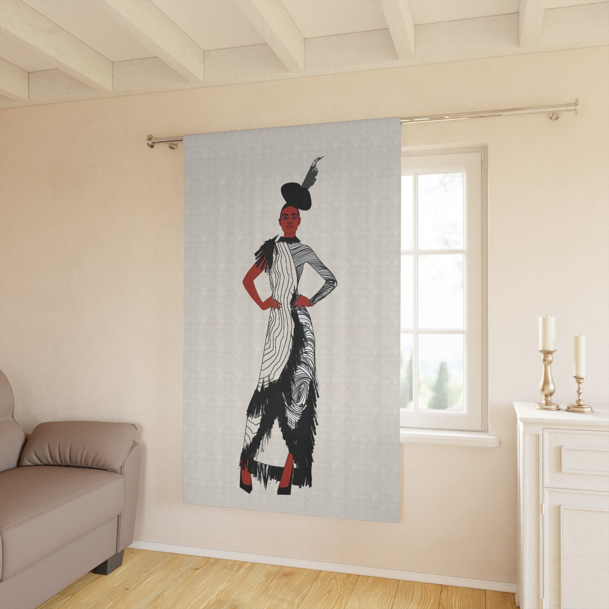 "Fierce Honey" Vintage Fashion Curtain Panel — Elegant 1920s Flapper Woman Window Drapery