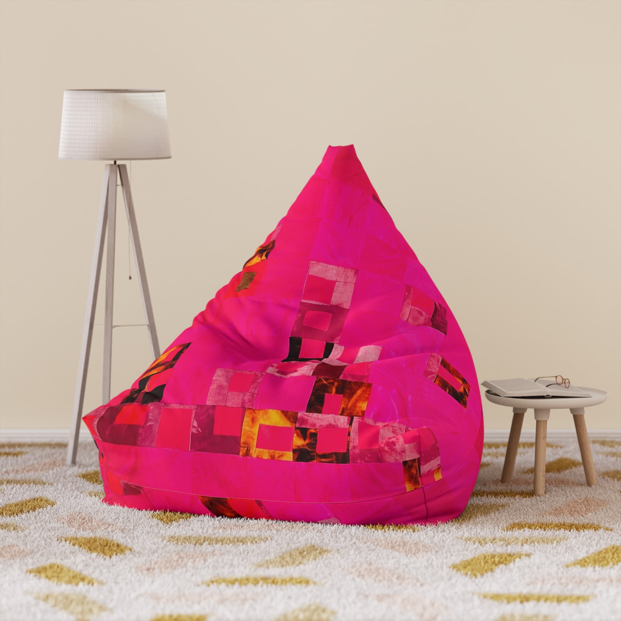 "Lela Lela" Bright Pink Geometric Bean Bag Cover – Modern Abstract Square Pattern