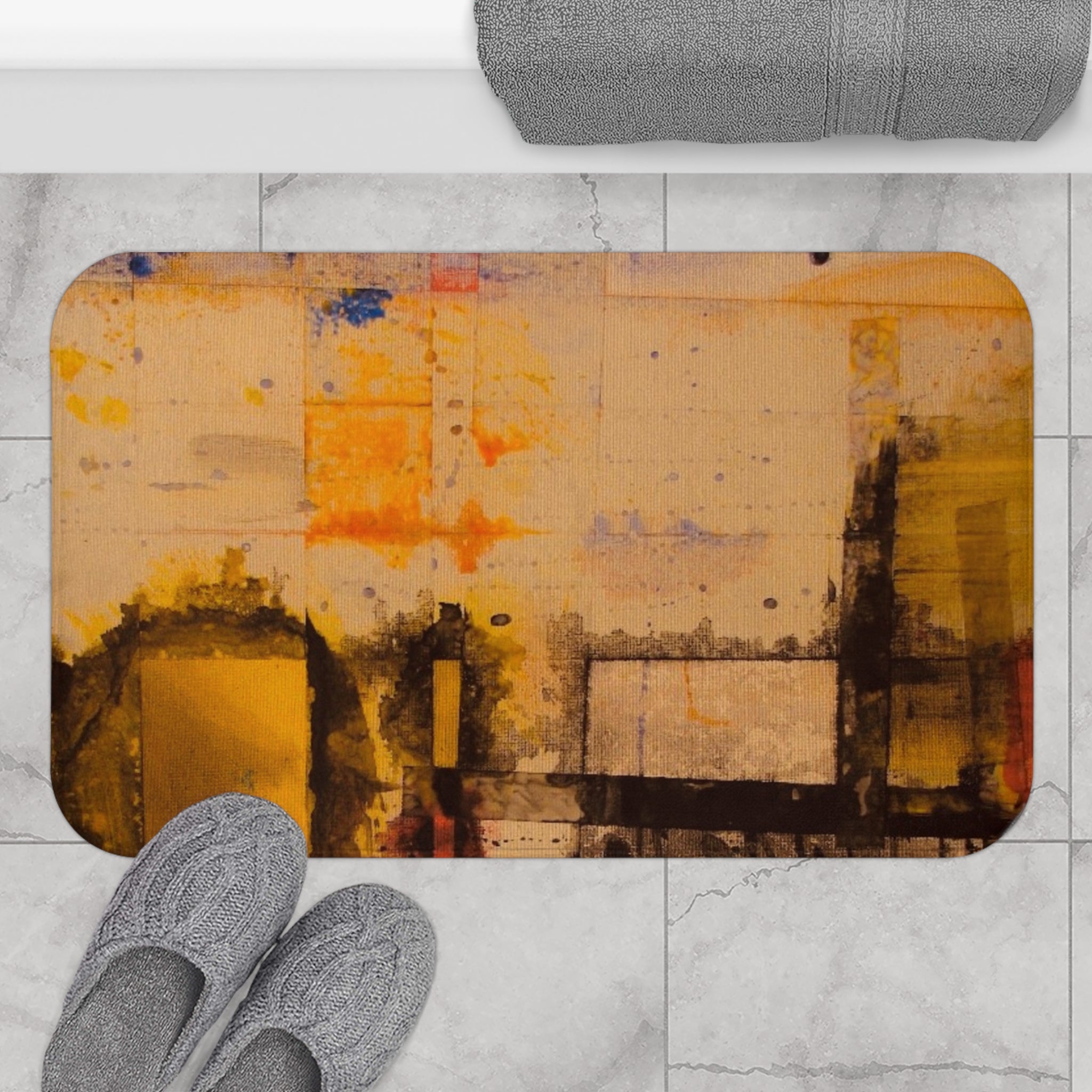 "Dance in the Rain" Abstract Urban Yellow Bath Mat — Modern Industrial Bathroom Rug