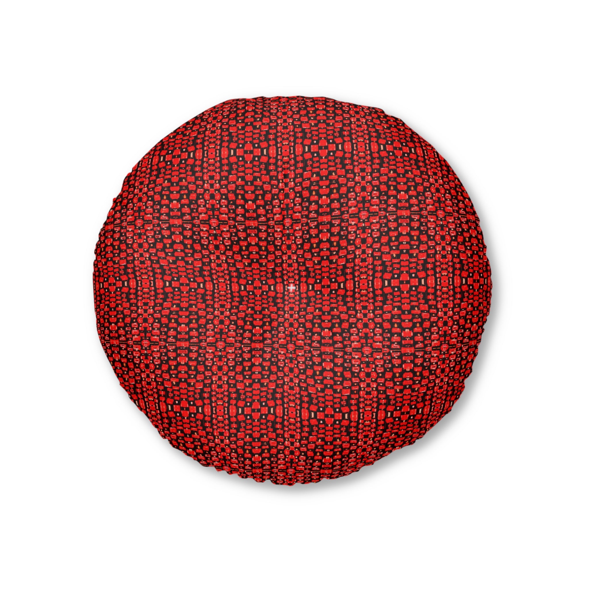 "Japanese Cherry Blossom" Red Woven Round Tufted Floor Pillow — Cozy Boho Accent Cushion