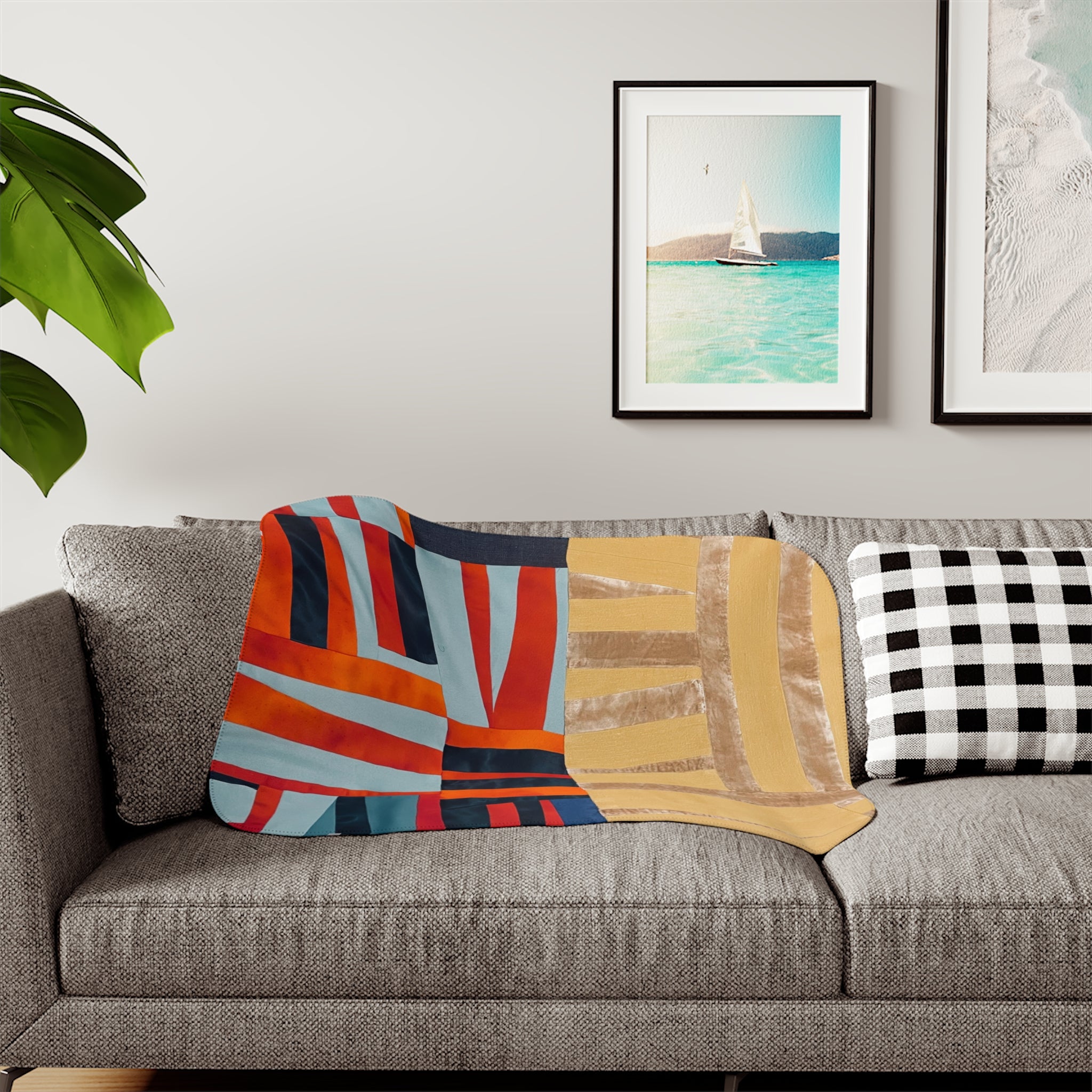 "Hannah and Samuel" Abstract Patchwork Sherpa Blanket - Summer Yellow, Crushed Velvet, Blue, Red Orange— Cozy Reversible Throw with Geometric Color Blocks