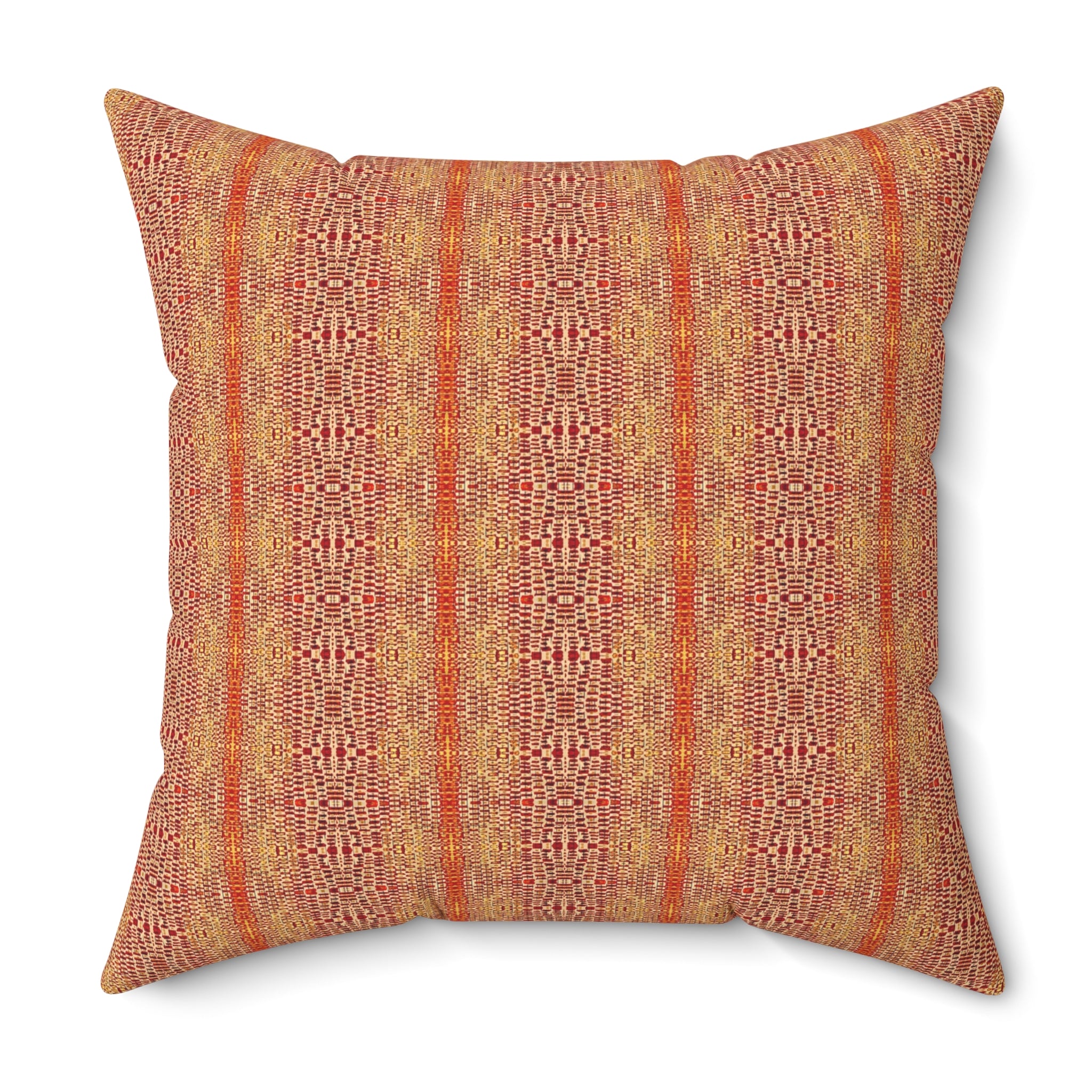 "Queen Mother" Boho Rust Orange and Gold Striped Decorative Pillow — Warm Tribal Pattern Square Cushion