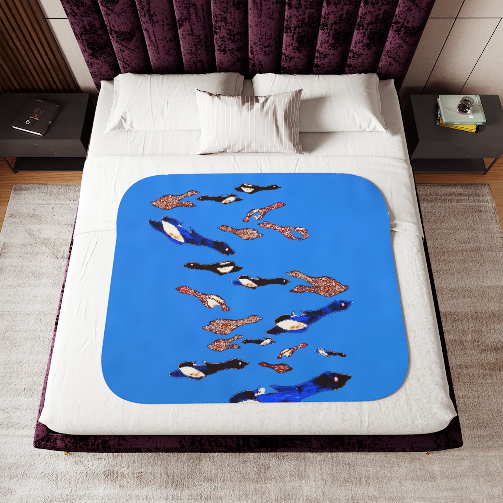 "Fly Me to the Moon" Birdies Parade Sherpa Blanket — Cozy Blue Animal Print Throw