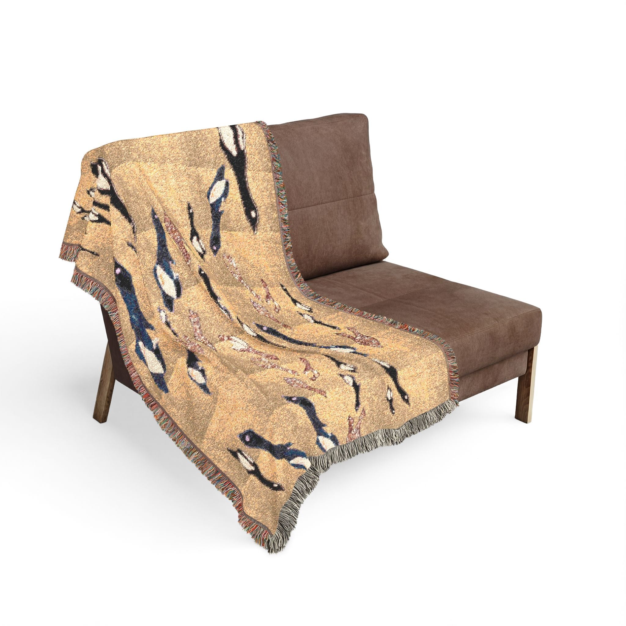 "Fly Me to the Moon" Gold and Bronze Bird Tapestry - Woven Textile - Warm Throw Blanket - Nautical