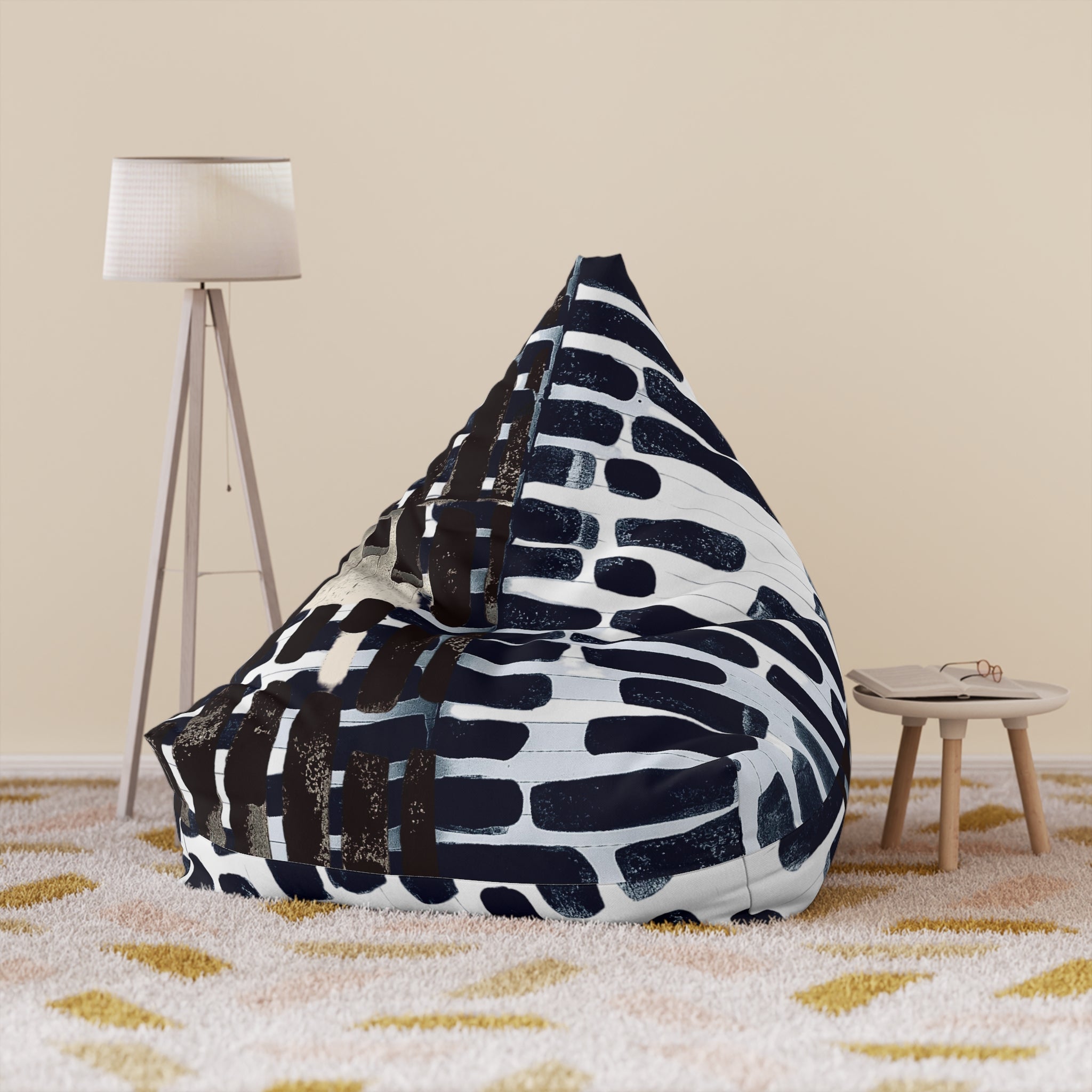 "Only My Notebook Knows How I Feel, My Heart Is On Every Page" Abstract Ink Brush Pattern Bean Bag Cover — Modern Black & White Living Room Accent