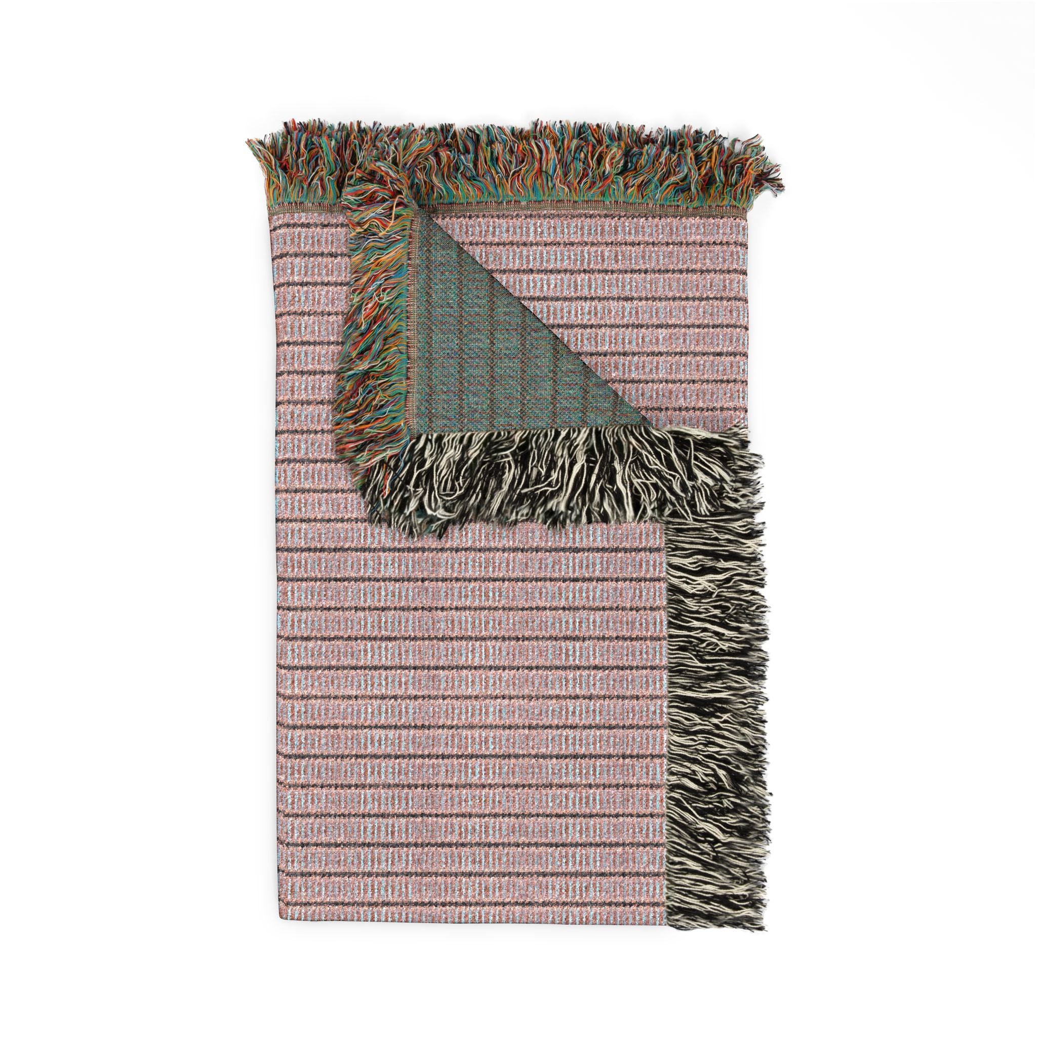 "The Nike of Samothrace" Coral, Grey, Blue Striped Woven Throw Blanket — Cozy Fringe Accent for Living Room & Bedroom
