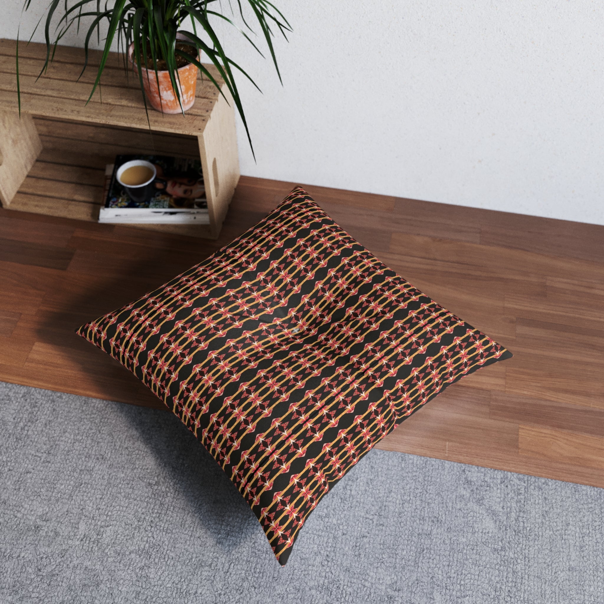 "Native America Now" Boho Geometric Tufted Floor Pillow — Rust & Black Square Accent