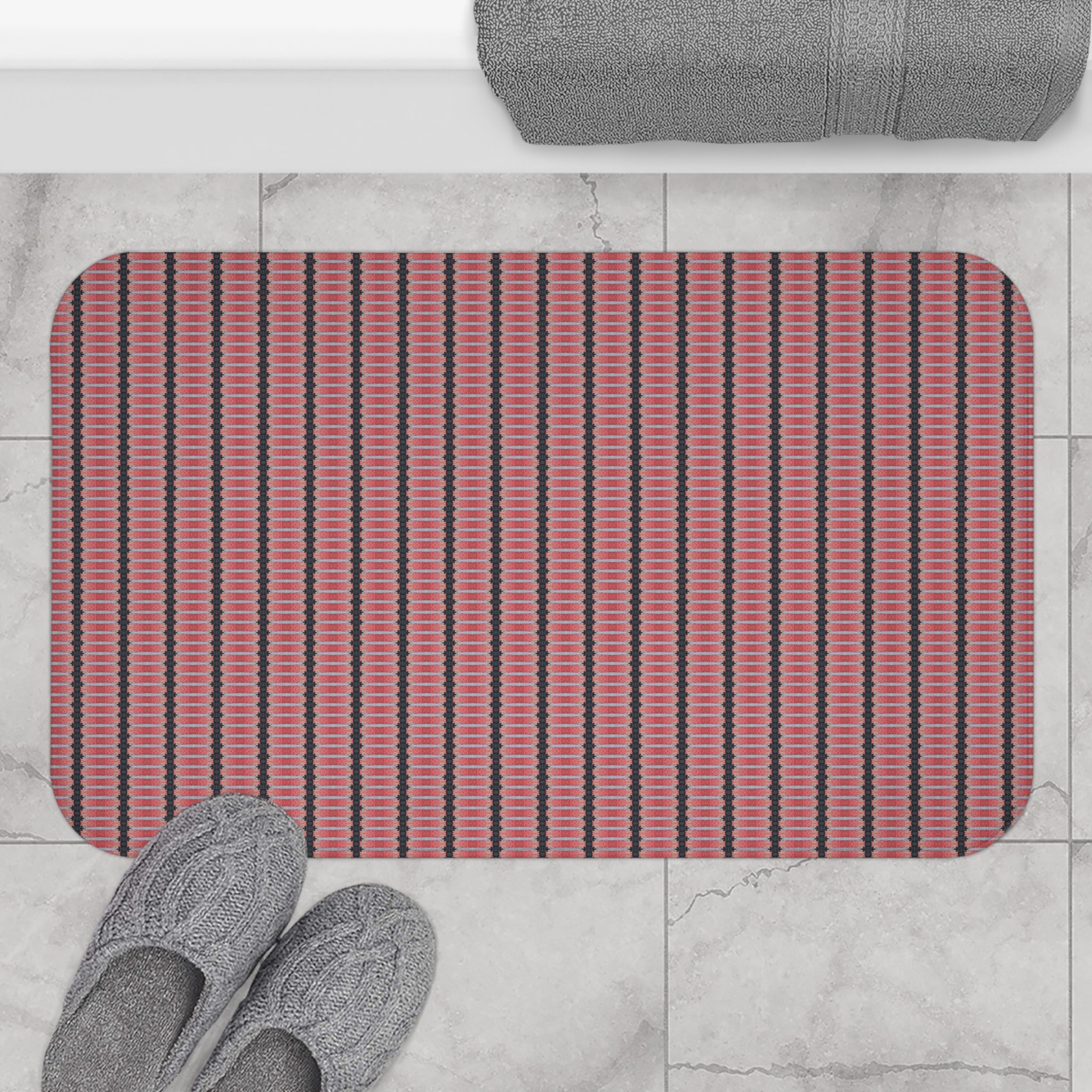 "The Nike of Samothrace" Coral Stripe Mosaic Bath Mat — Modern Geometric Bathroom Rug