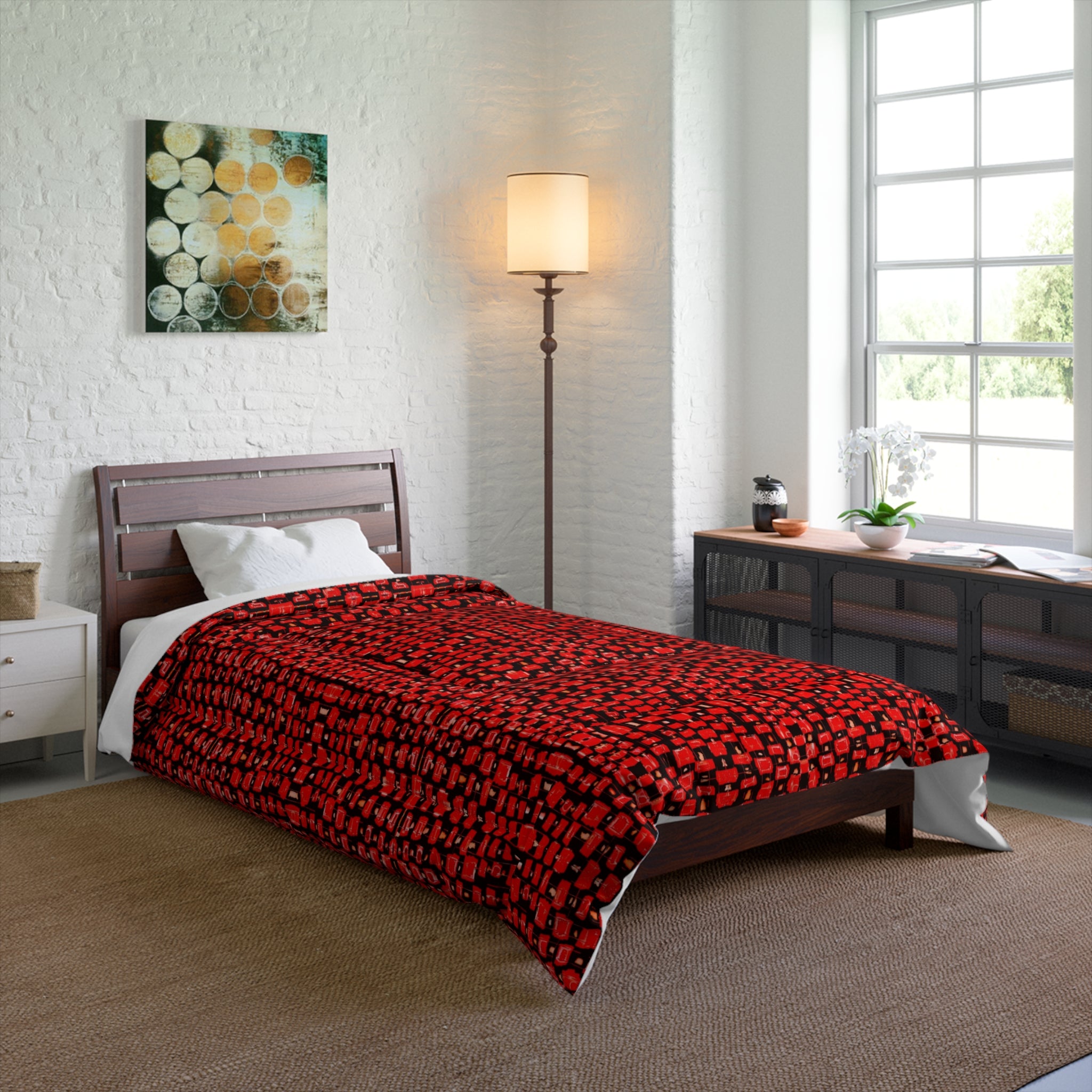 “Japanese Cherry Blossom” Red Mosaic Check Comforter — Modern Geometric Bedspread