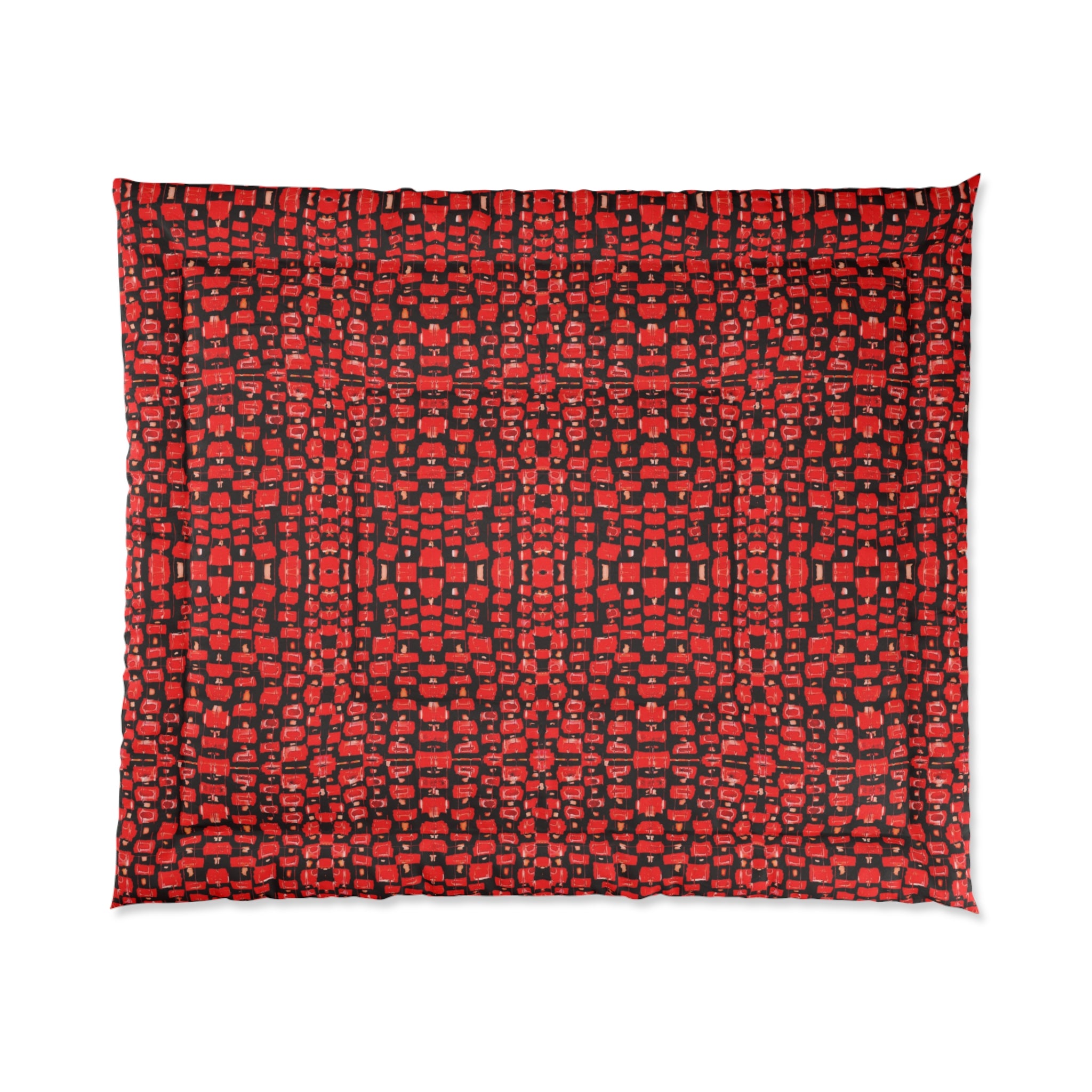 “Japanese Cherry Blossom” Red Mosaic Check Comforter — Modern Geometric Bedspread