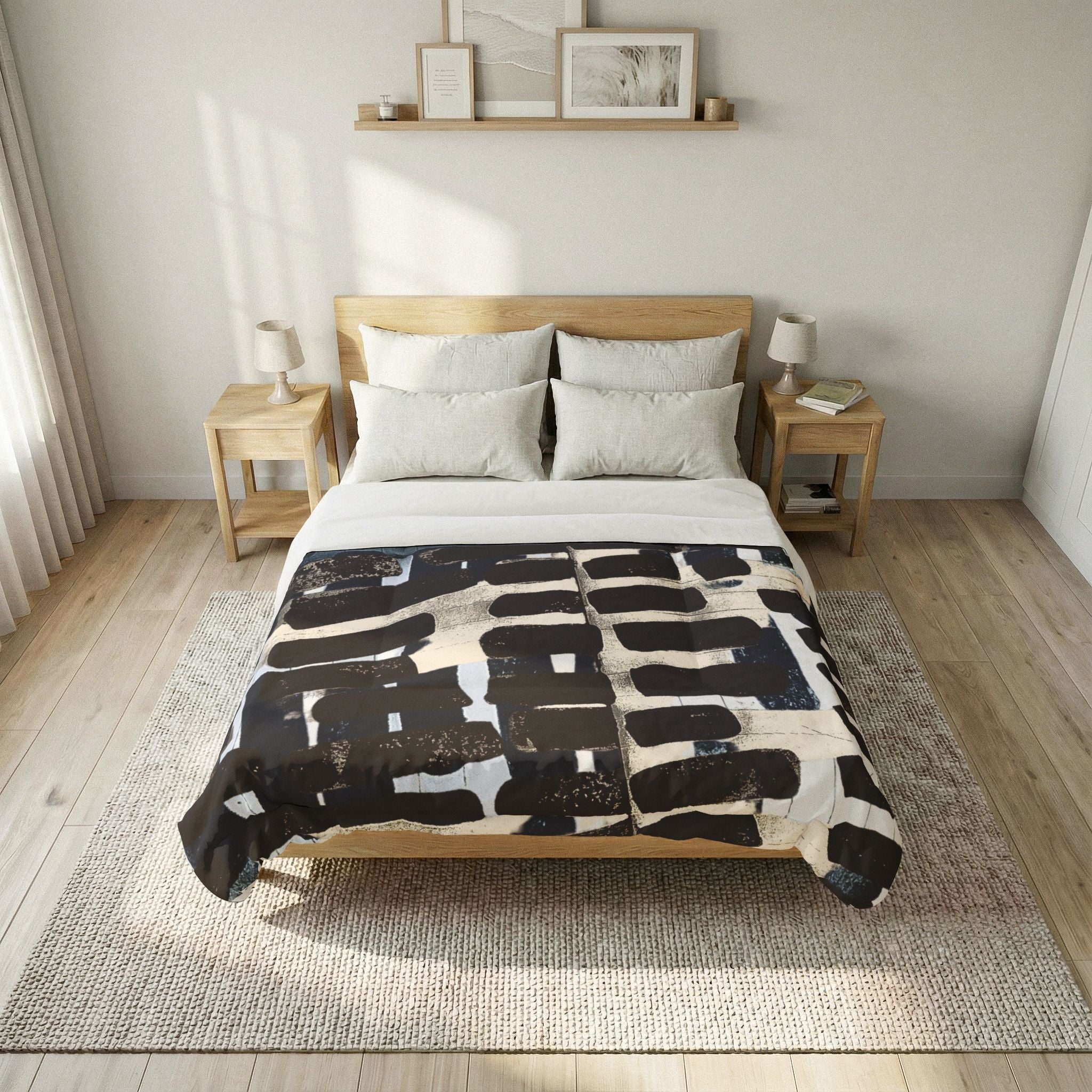 "Only My Notebook Knows How I Feel, My Heart Is On Every Page" Abstract Brushstroke Comforter – Modern Black & White Bedding