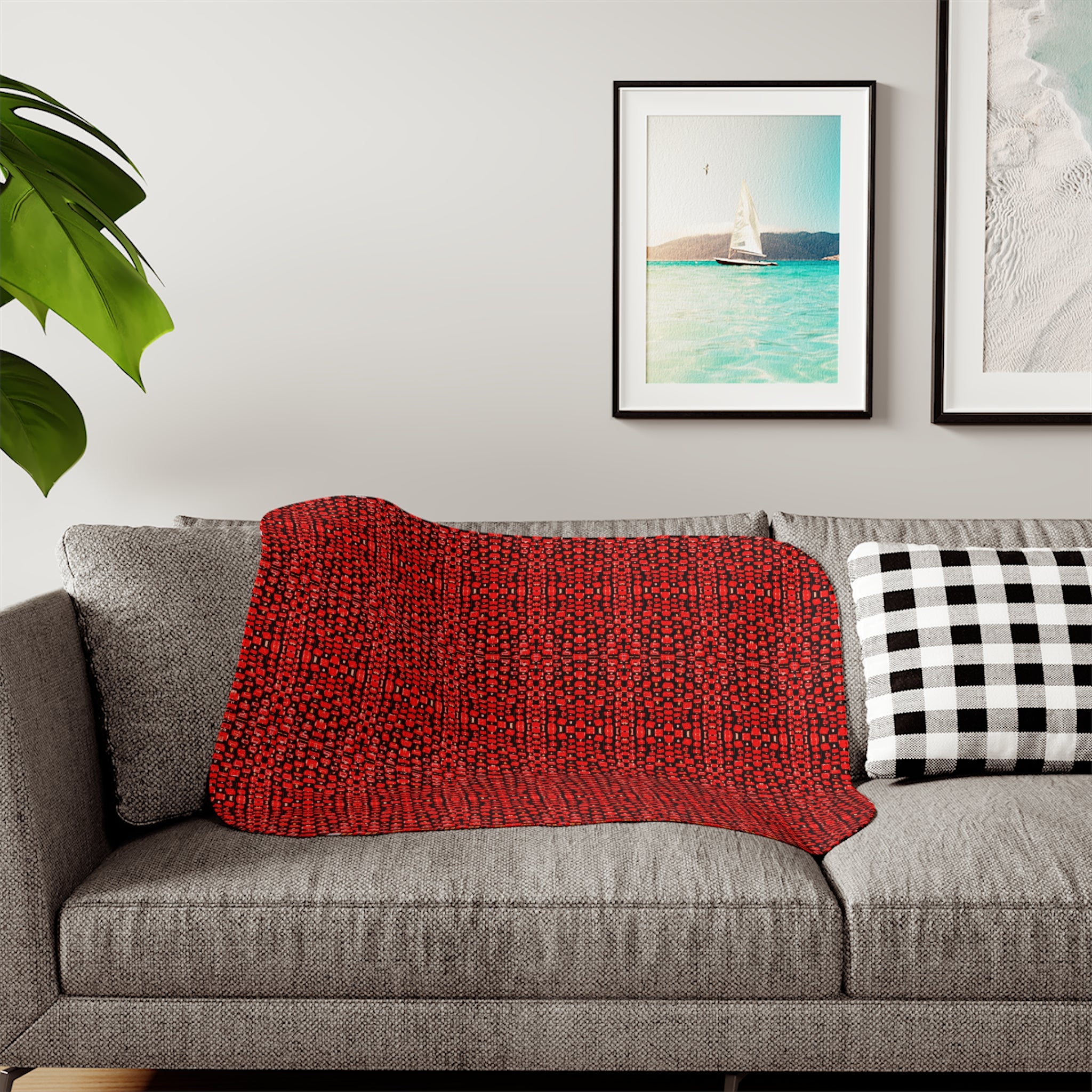 "Japanese Cherry Blossom" Cozy Red Knit Sherpa Blanket – Reversible Plush Throw for Home & Holiday Gifting