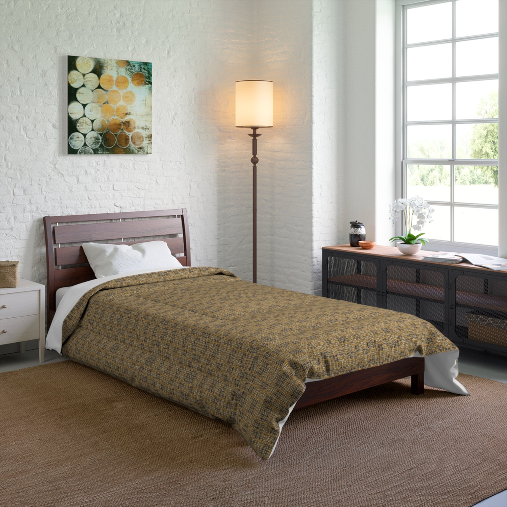 "All Things Fall Apart" Woven Plaid Comforter — Rustic Brown Geometric Check Bedding
