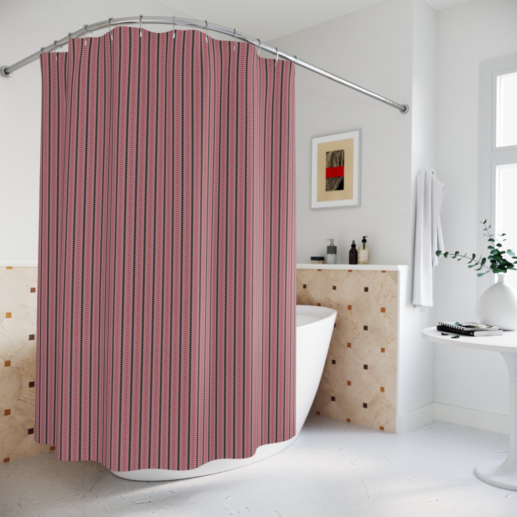 "Nike of Samothrace" Geometric Coral Stripe Shower Curtain — Modern Retro Pattern for Bath Decor