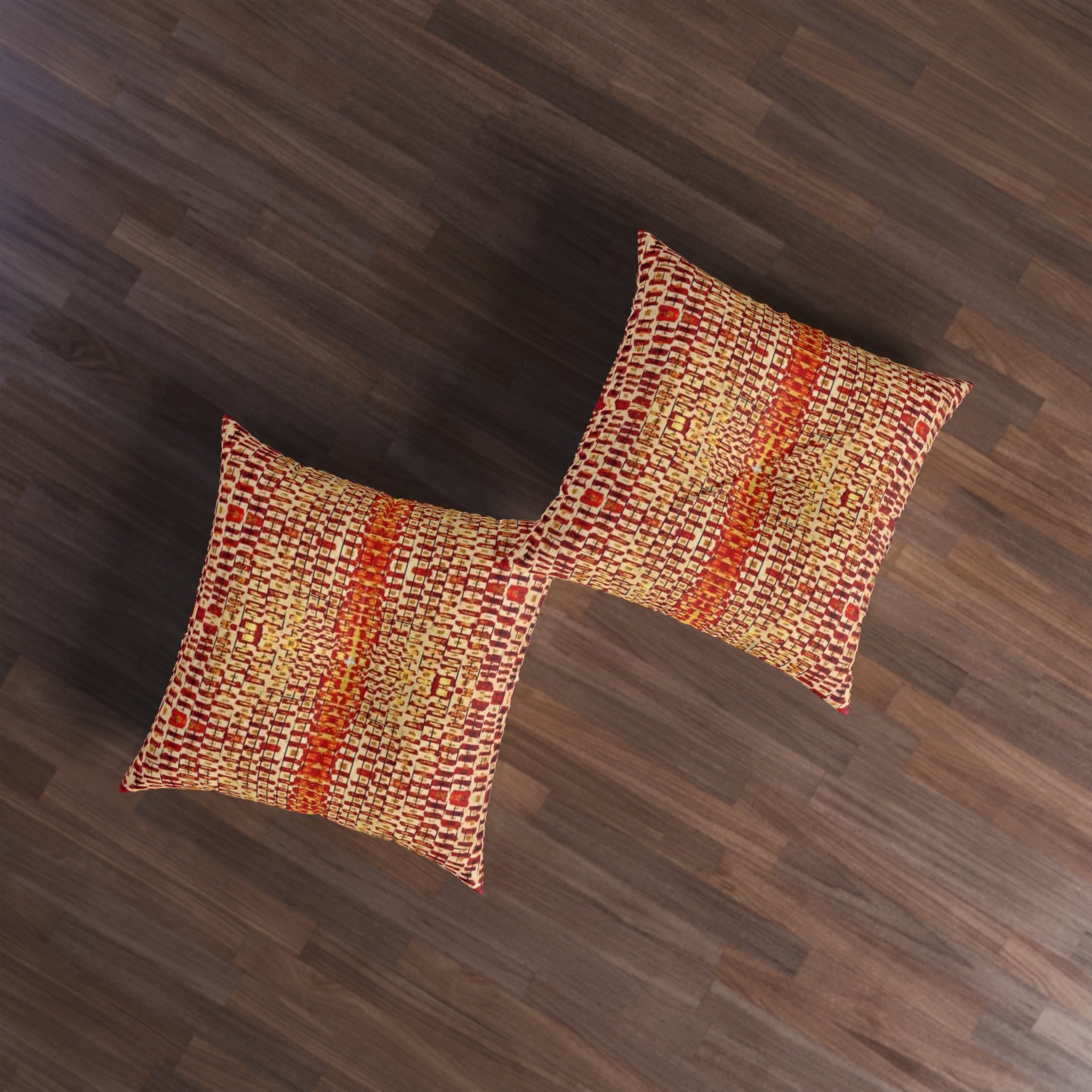 "Queen Mother" Gold and Bronze Boho Woven Stripe Tufted Floor Pillow — Warm Rust & Gold Square Cushion