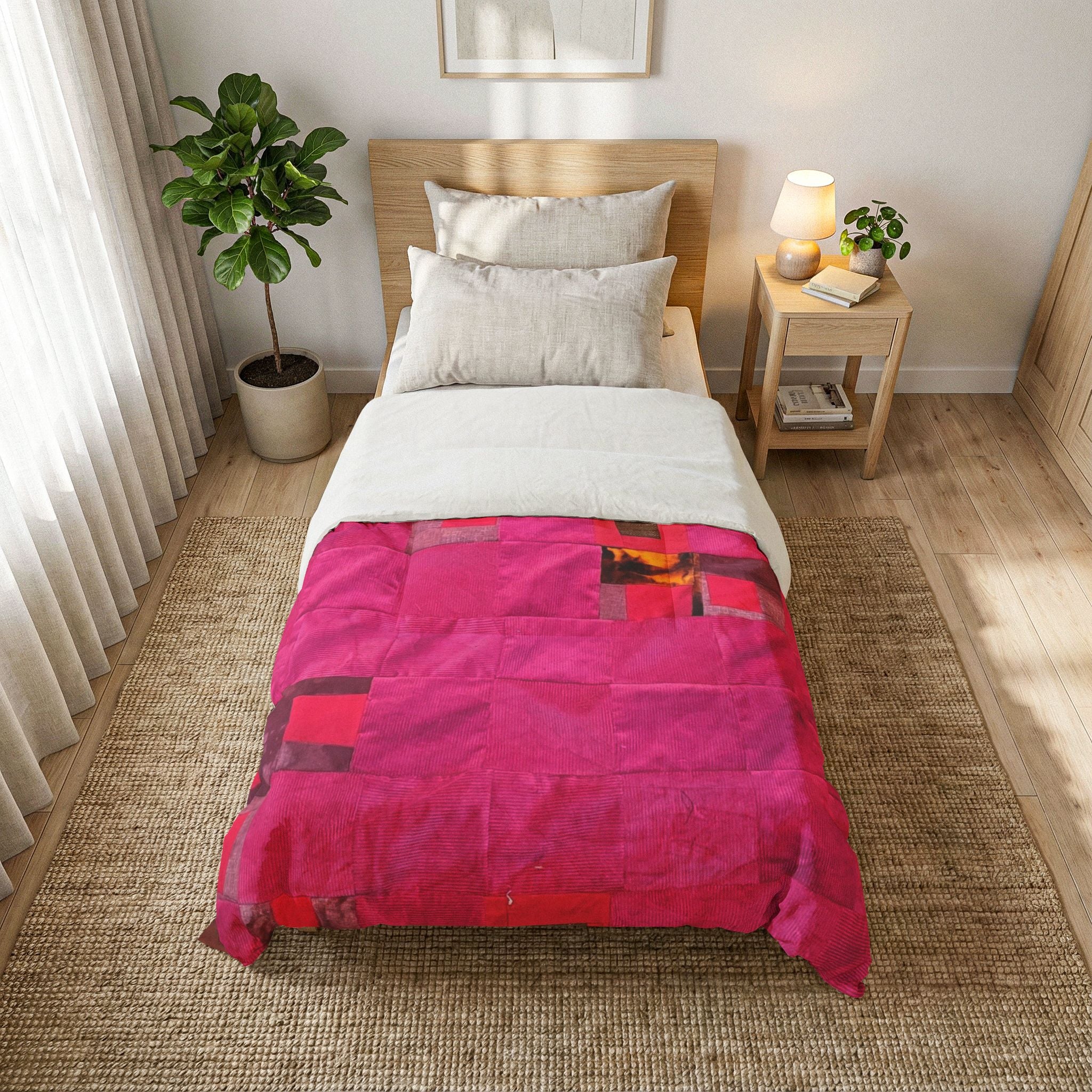 "Lela" Pink Geometric Cotton Comforter – Modern Patchwork Throw for Bedroom