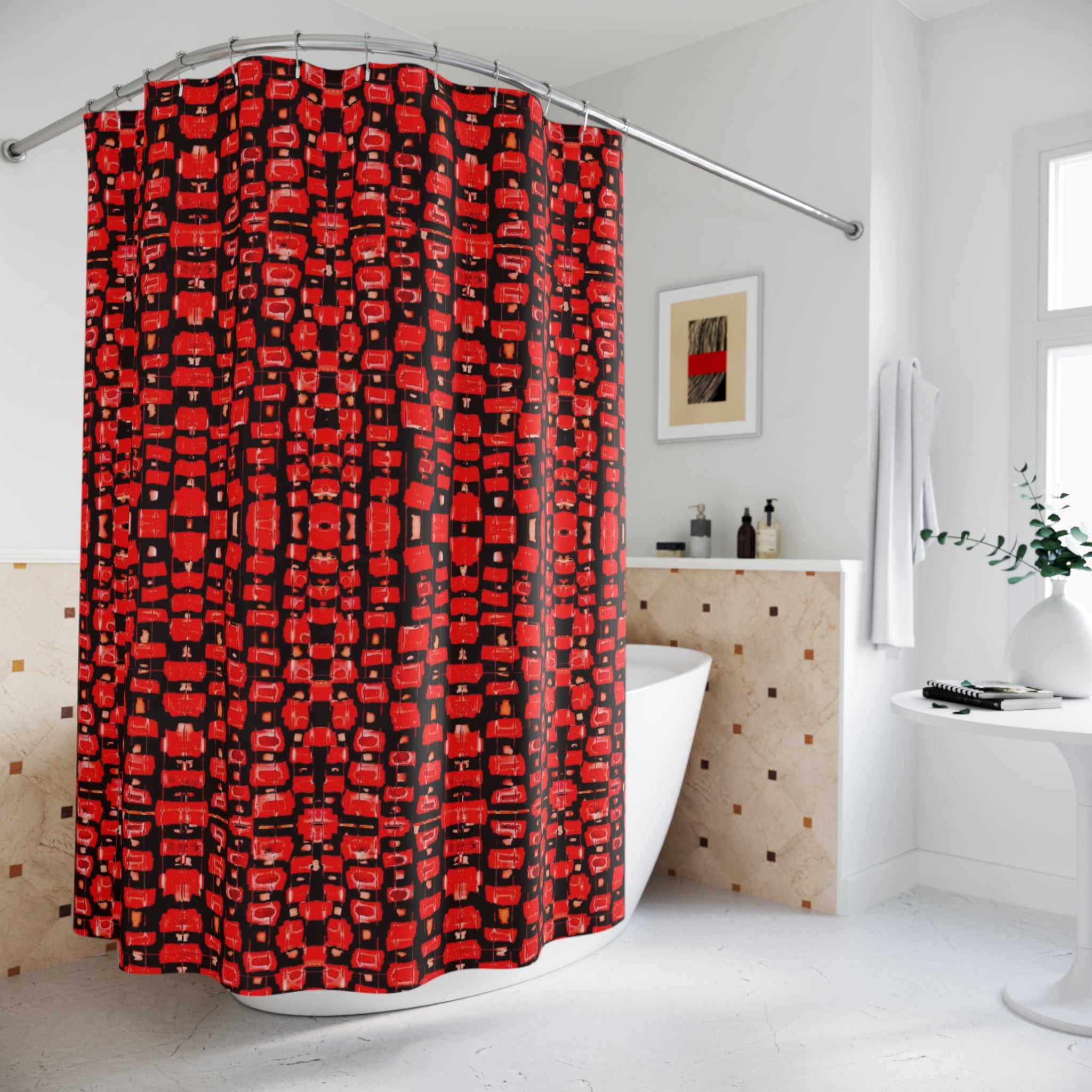 "Japanese Cherry Blossom" Red Geometric Pattern Shower Curtain – Bold Black & Red Bathroom Decor