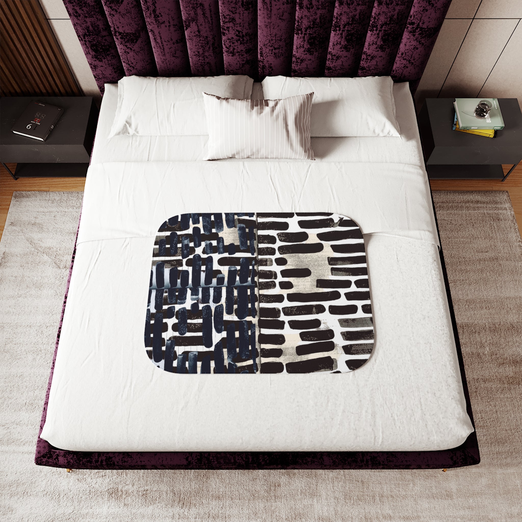 "Only My Notebook Knows How I Feel, My Heart Is On Every Page" Abstract Brushstroke Sherpa Blanket — Reversible Neutral Navy & Cream Cozy Throw