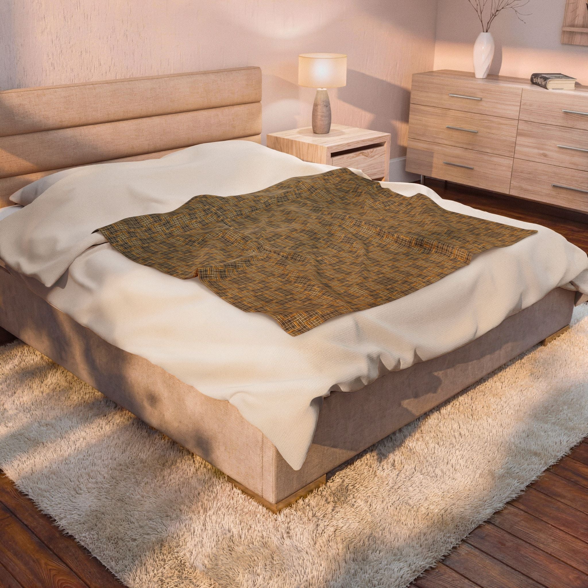 "All Things Fall Apart" Green, Gold, and Brown Woven Textile - Cozy Plaid Velveteen Plush Blanket — Warm Brown Check Throw