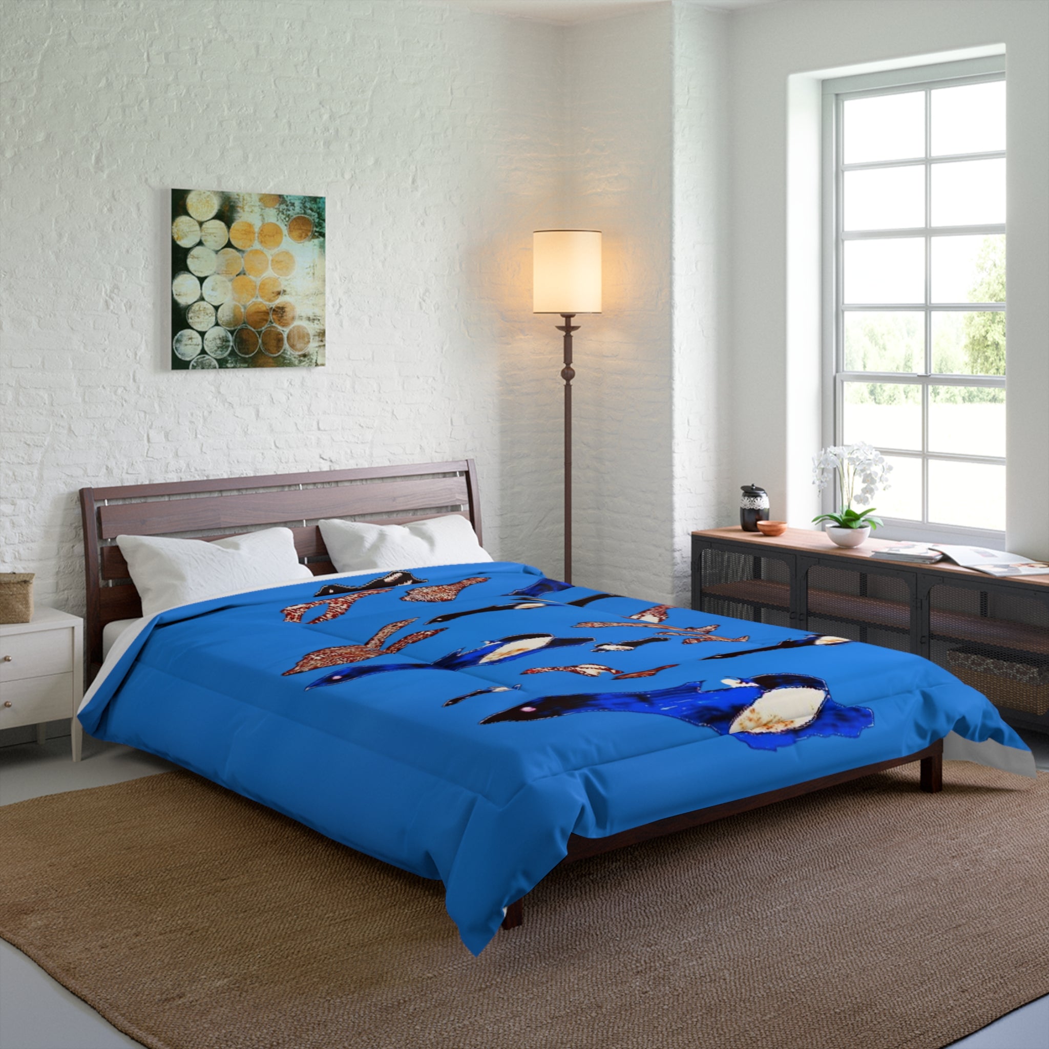 "Fly Me to the Moon" Flock Cerulean Blue Comforter — Playful Arctic Animal Bedding