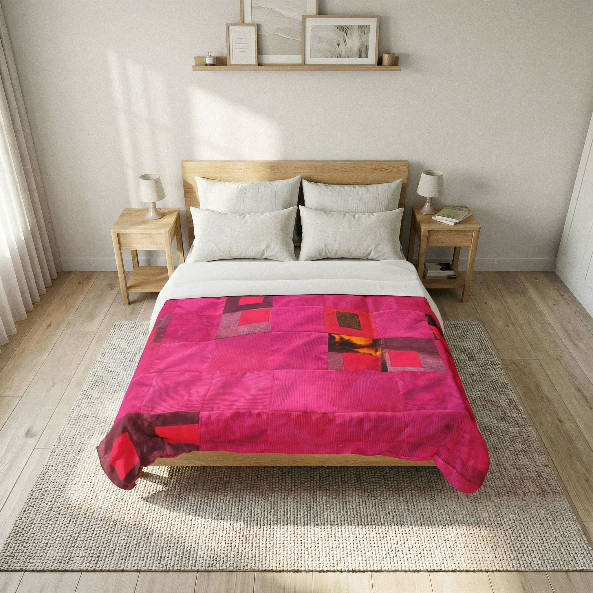 "Lela" Pink Geometric Cotton Comforter – Modern Patchwork Throw for Bedroom