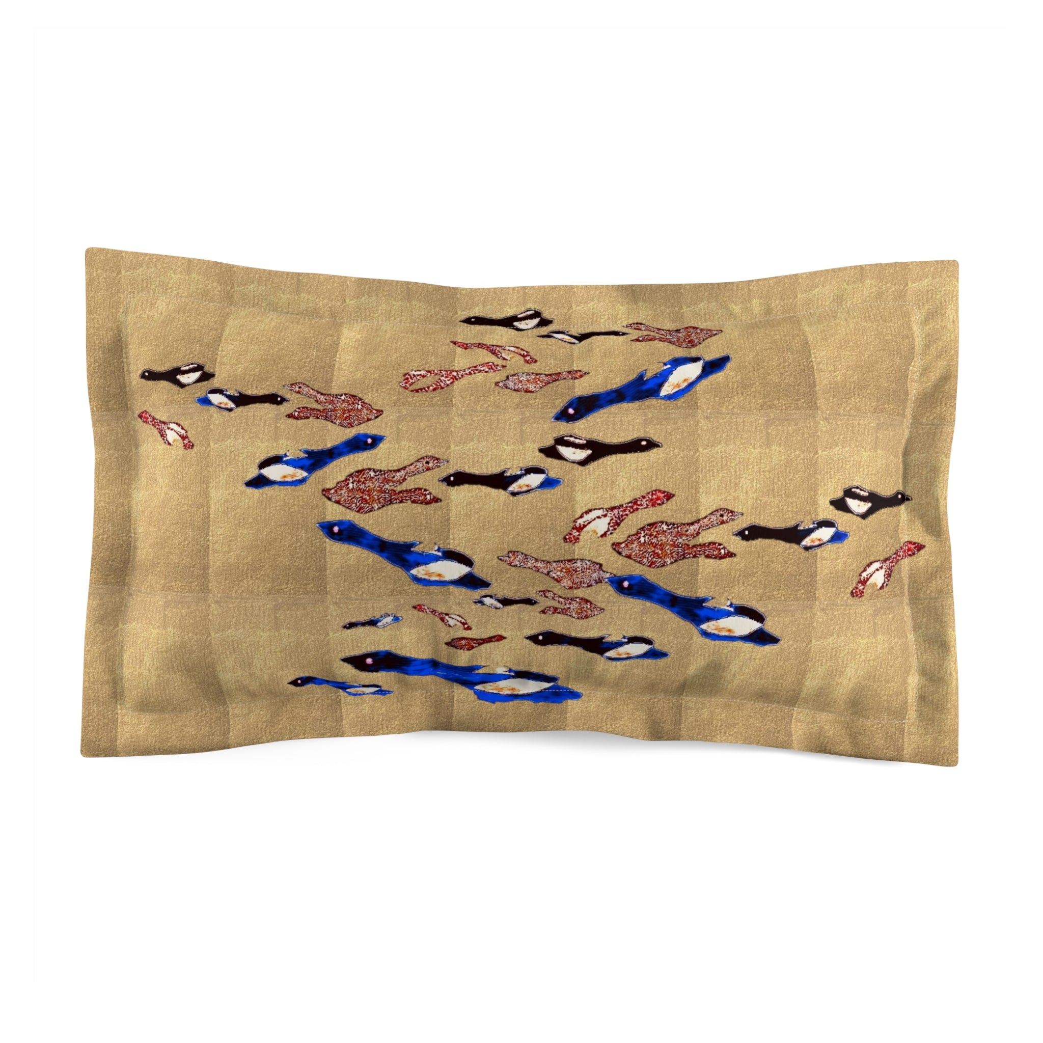 "Fly Me to the Moon" Blue and Brown Birdies Decorative Pillow Sham — Coastal Birds Flying Pattern on Sandy Golden Beige