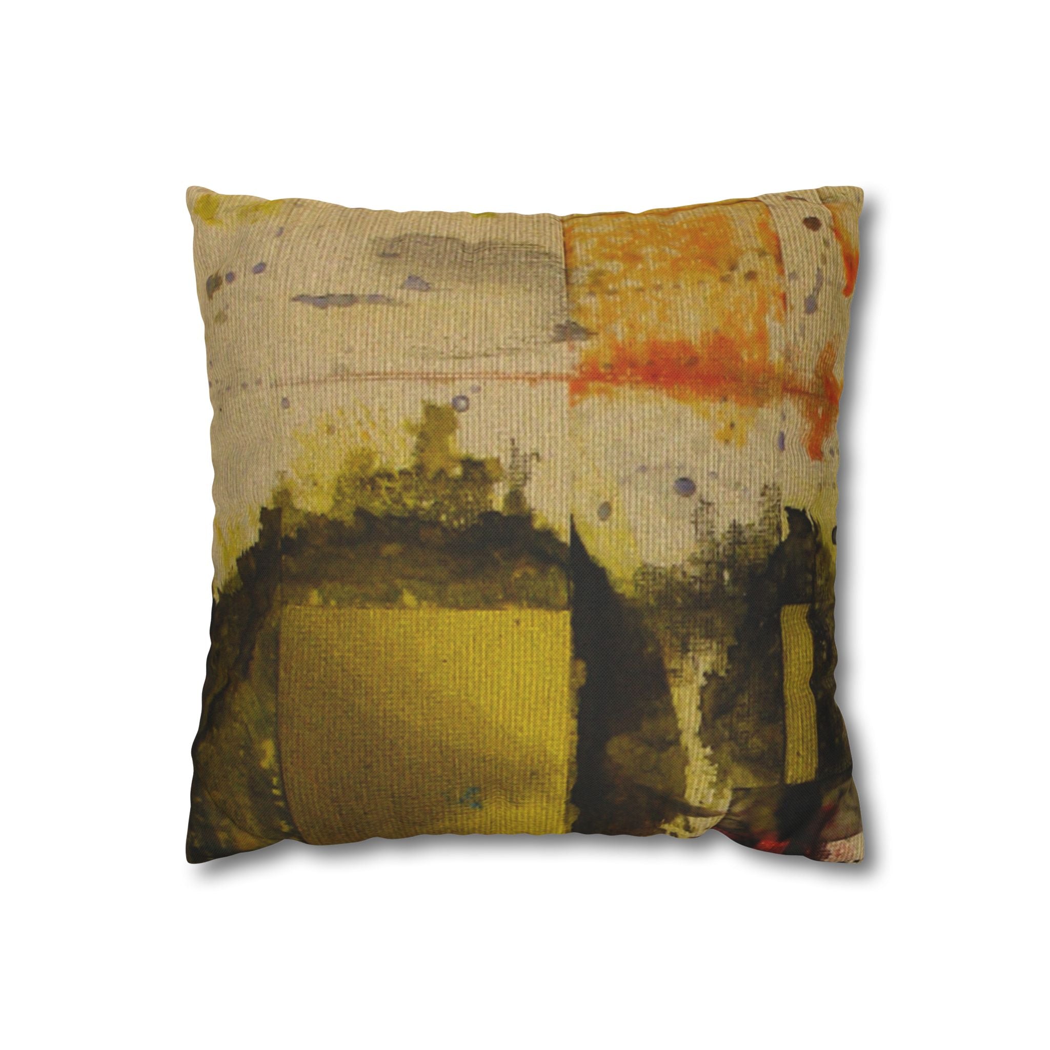 "Dance in the Rain" Abstract Yellow and Rust Painted Textile, Decorative Pillowcase — Modern Rustic Accent Cushion Cover