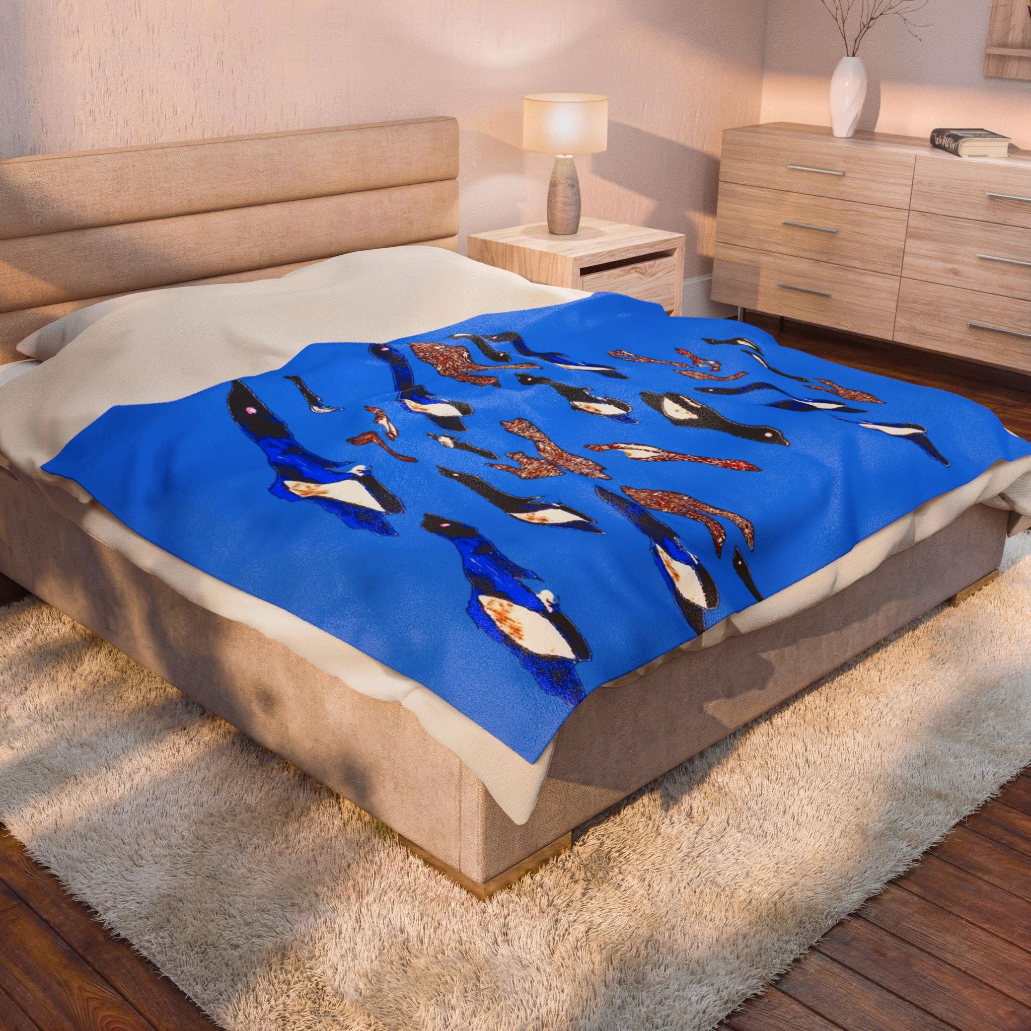 "Fly Me to the Moon" Cerulean Birdies - Flock Plush Blanket —  Velveteen Throw