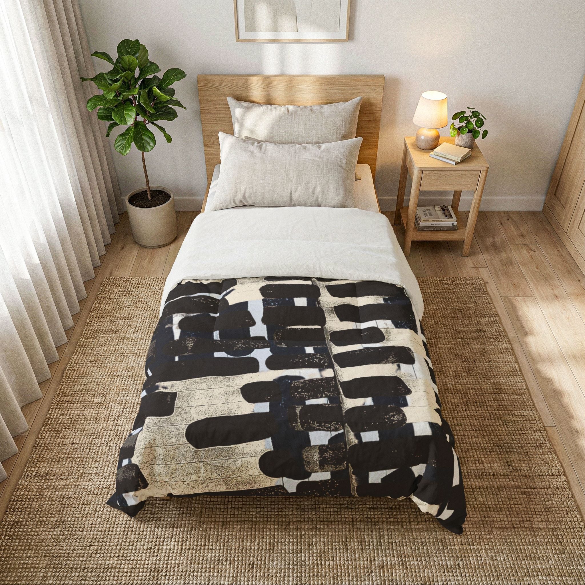 "Only My Notebook Knows How I Feel, My Heart Is On Every Page" Abstract Brushstroke Comforter – Modern Black & White Bedding