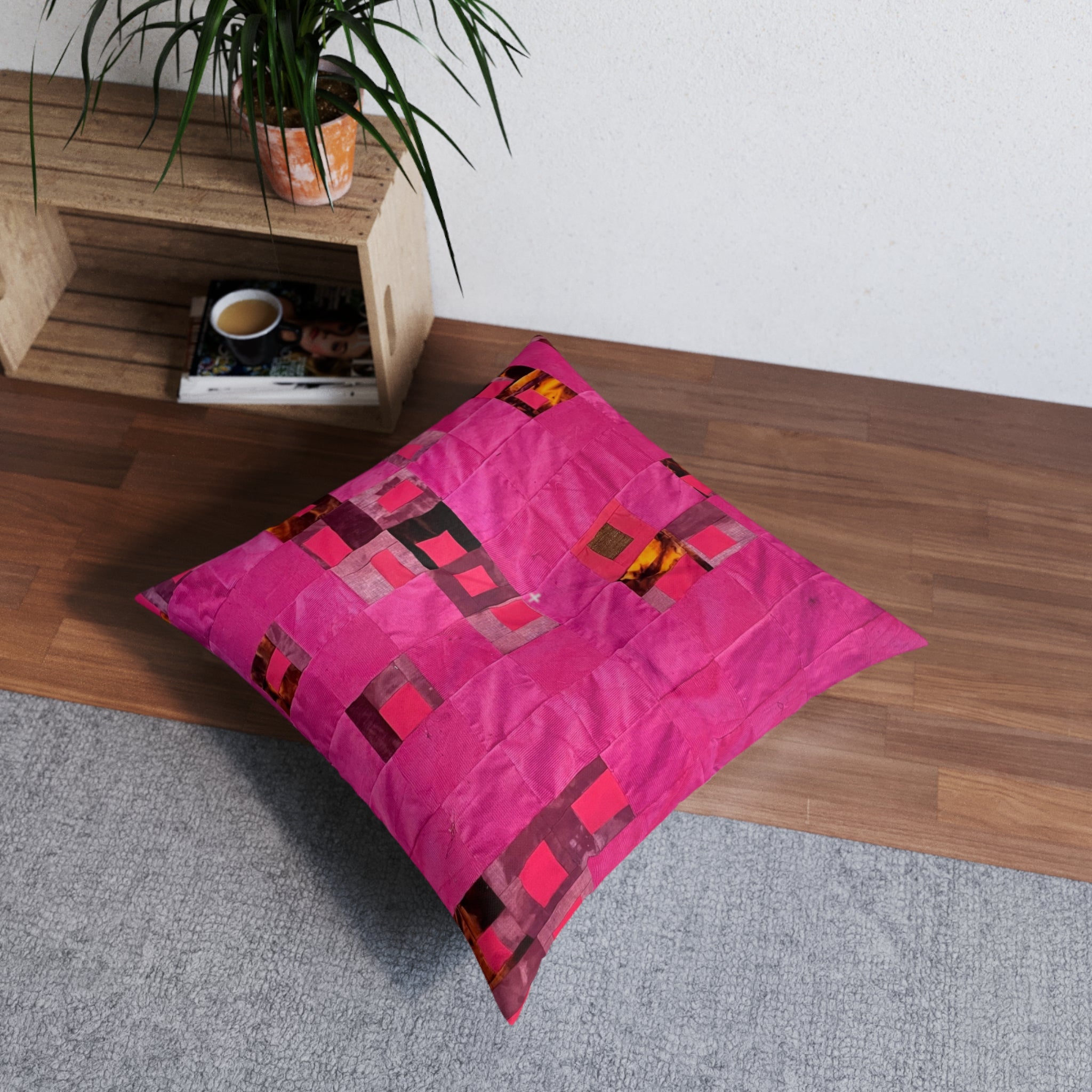 "Lela" Square Tufted Floor Pillow — Vibrant Pink Patchwork Accent Cushion