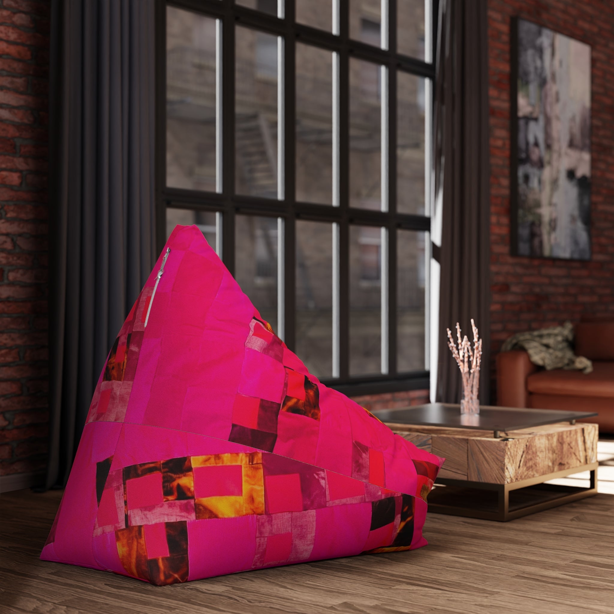 "Lela Lela" Bright Pink Geometric Bean Bag Cover – Modern Abstract Square Pattern