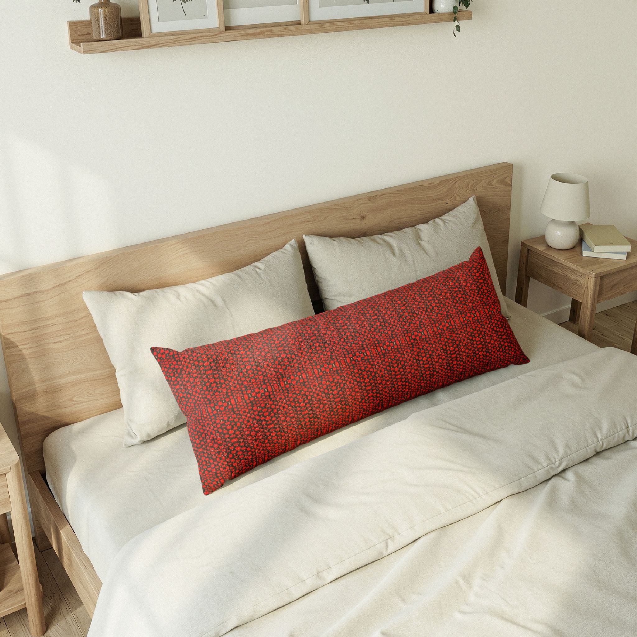 "Japanese Cherry Blossom" Red Knit Textural Print Body Pillow — Cozy Lumbar Decorative Pillow