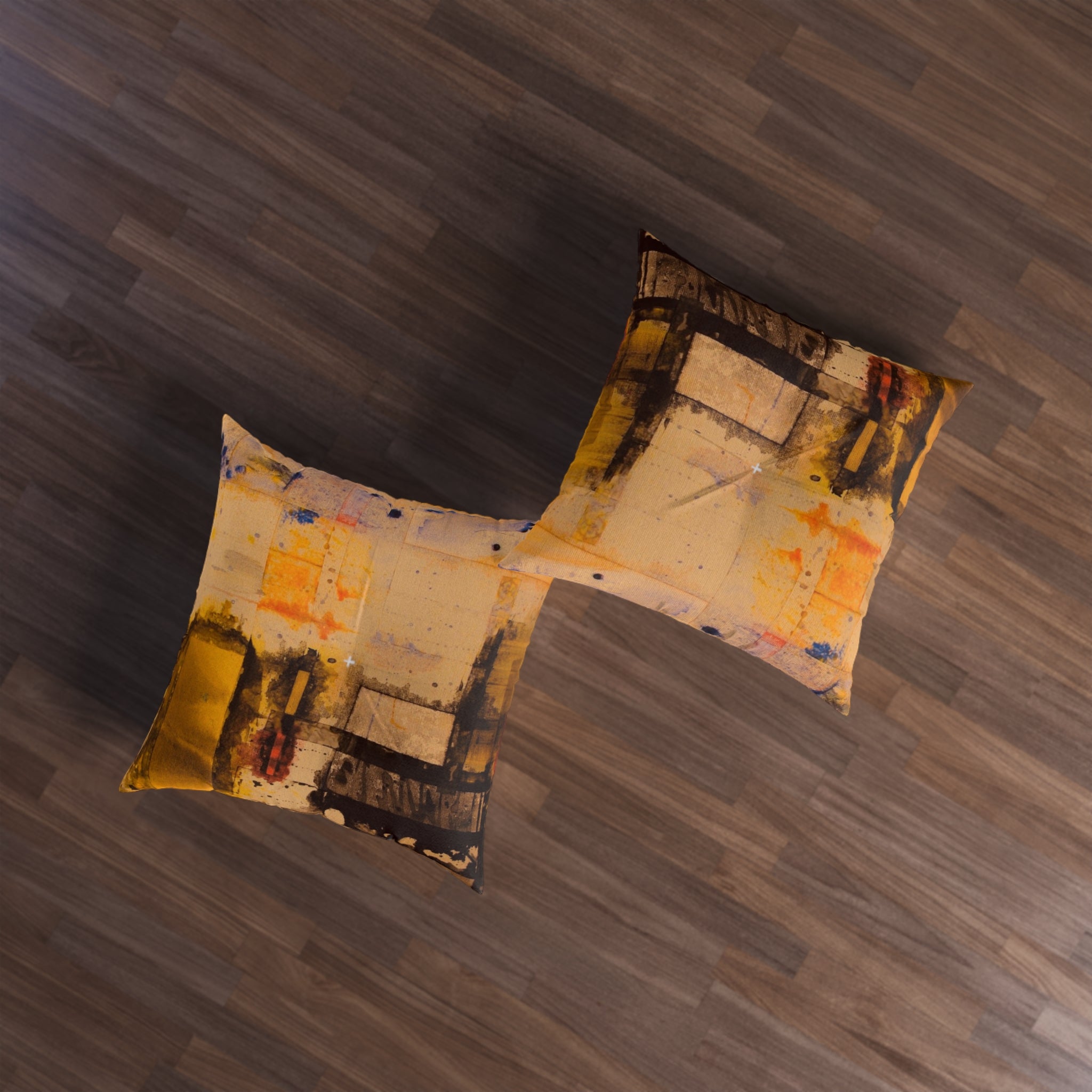 "Dance in the Rain" Abstract Golden Grid Tufted Floor Pillow — Modern Art Square Cushion