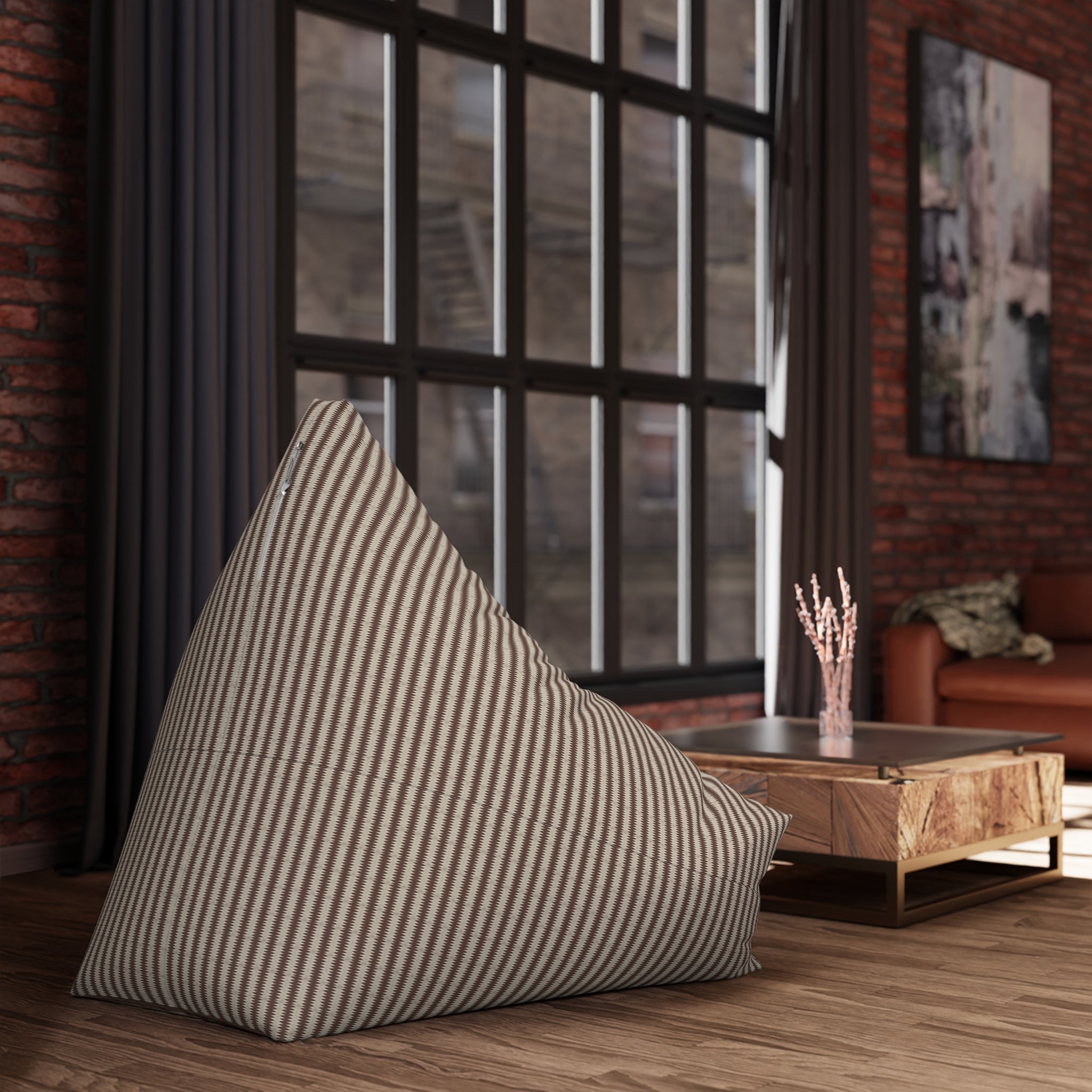 "Mississippi Morning" Burnt Umber Brown, Beige, Zig Zags, Striped Taupe Bean Bag Chair Cover — Modern Cozy Living Room Accent
