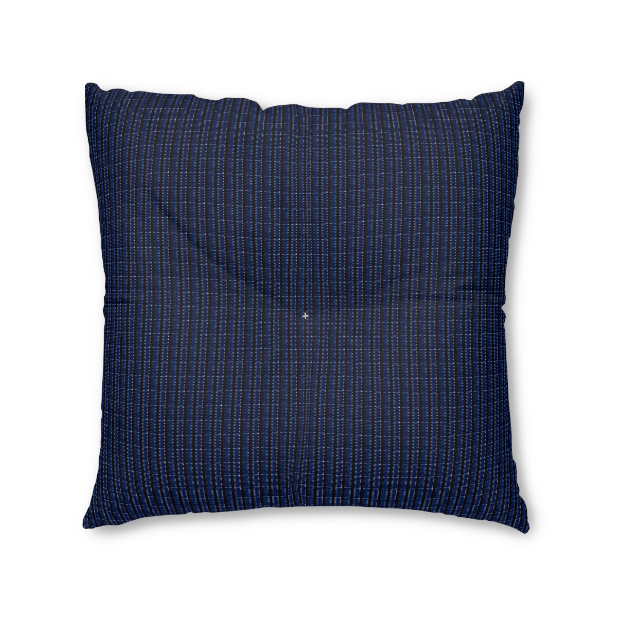 "Mississippi Midnight: Lovely Banjo Blues" Black and Navy Plaid Tufted Floor Pillow — Cozy Square Accent Cushion