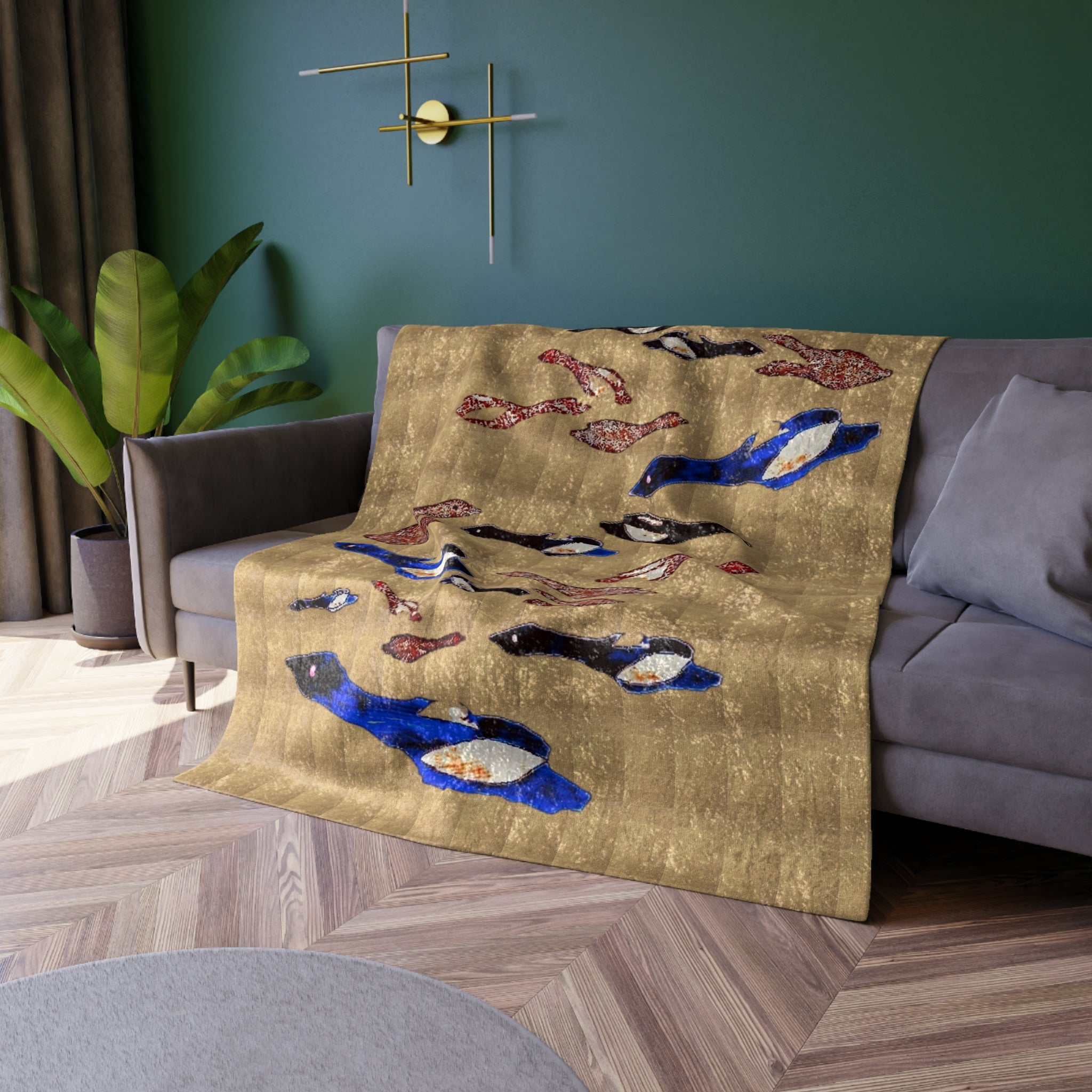 "Fly Me to the Moon"Gold, Brown, and Royal Blue Birds Flying in the Sky Crushed Velvet Blanket