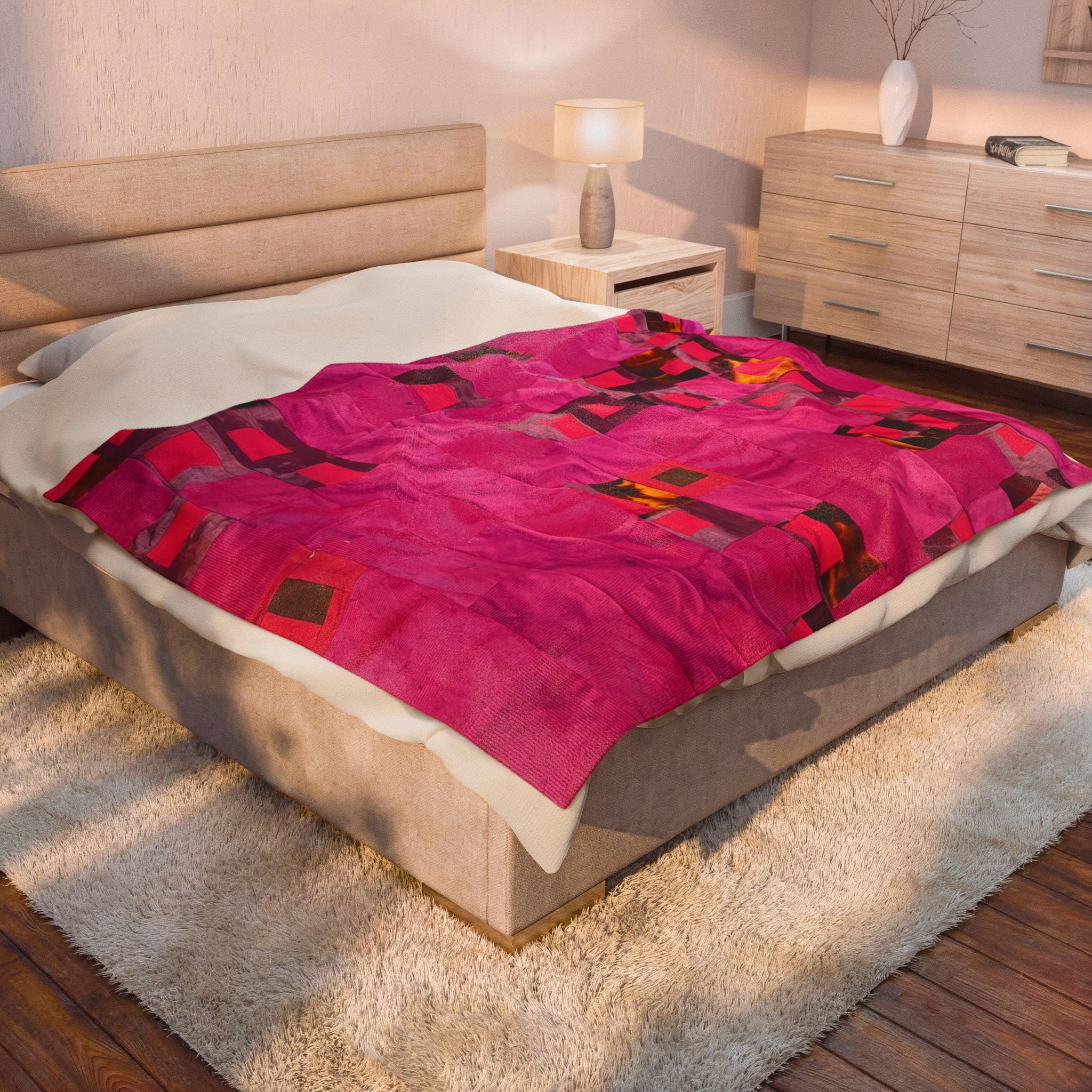 "Lela" Pink Patchwork Velveteen Plush Blanket – Soft Cozy Throw for Living Room, Bedroom & Gifts