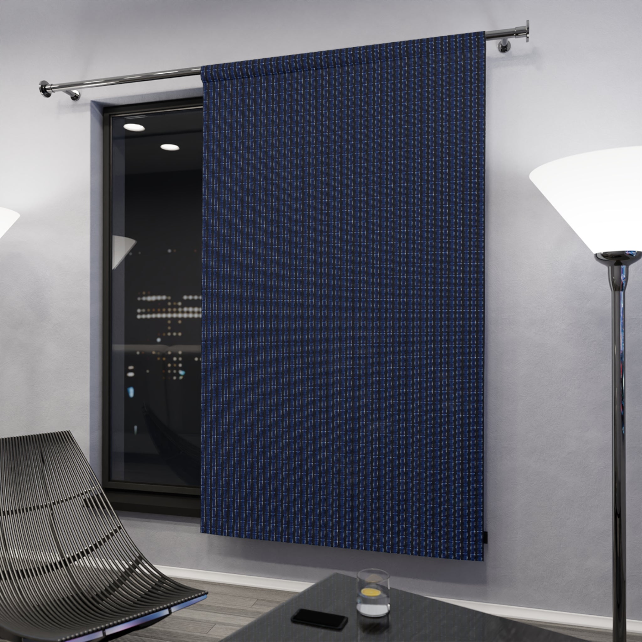 "Mississippi Midnight: Lovely Banjo Blues" Navy Blue  and Black Lines - Plaid Window Curtain Panel — Single Dark Blue Gingham Curtain for Living Room, Bedroom, Office