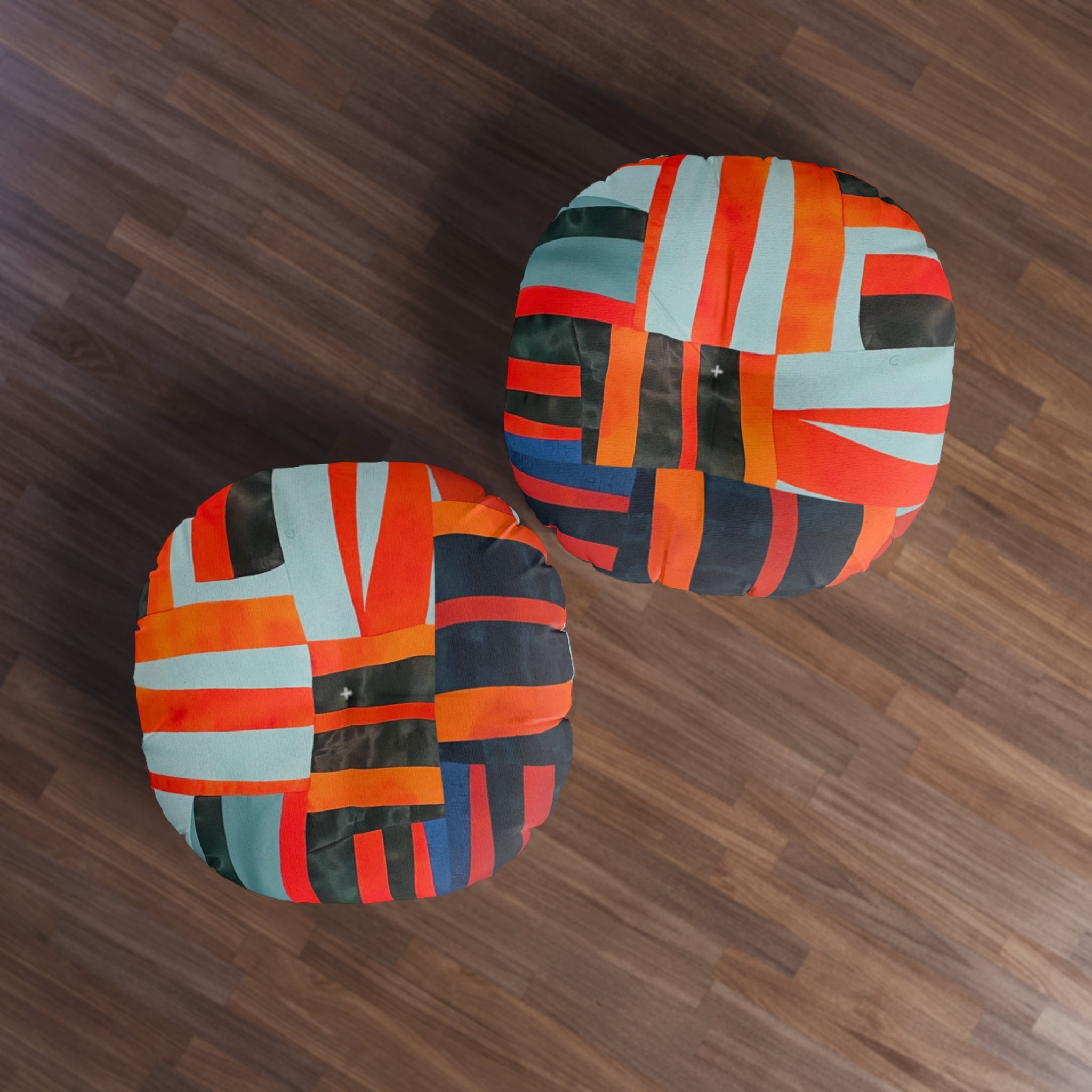 “Samuel” Round Tufted Floor Pillow — Geometric Red & Teal Tribal Pattern