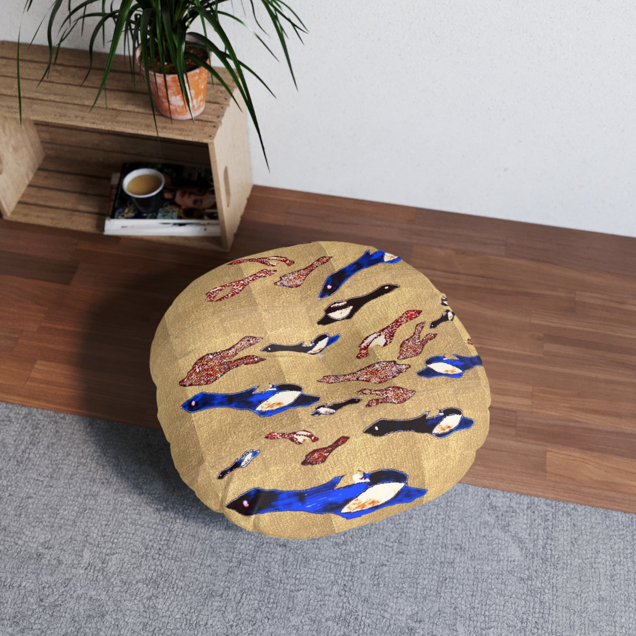 "Fly Me to the Moon" Gold and Bronze Round Tufted Floor Pillow — Coastal Blue & Coral Birdie Tapestry Pattern