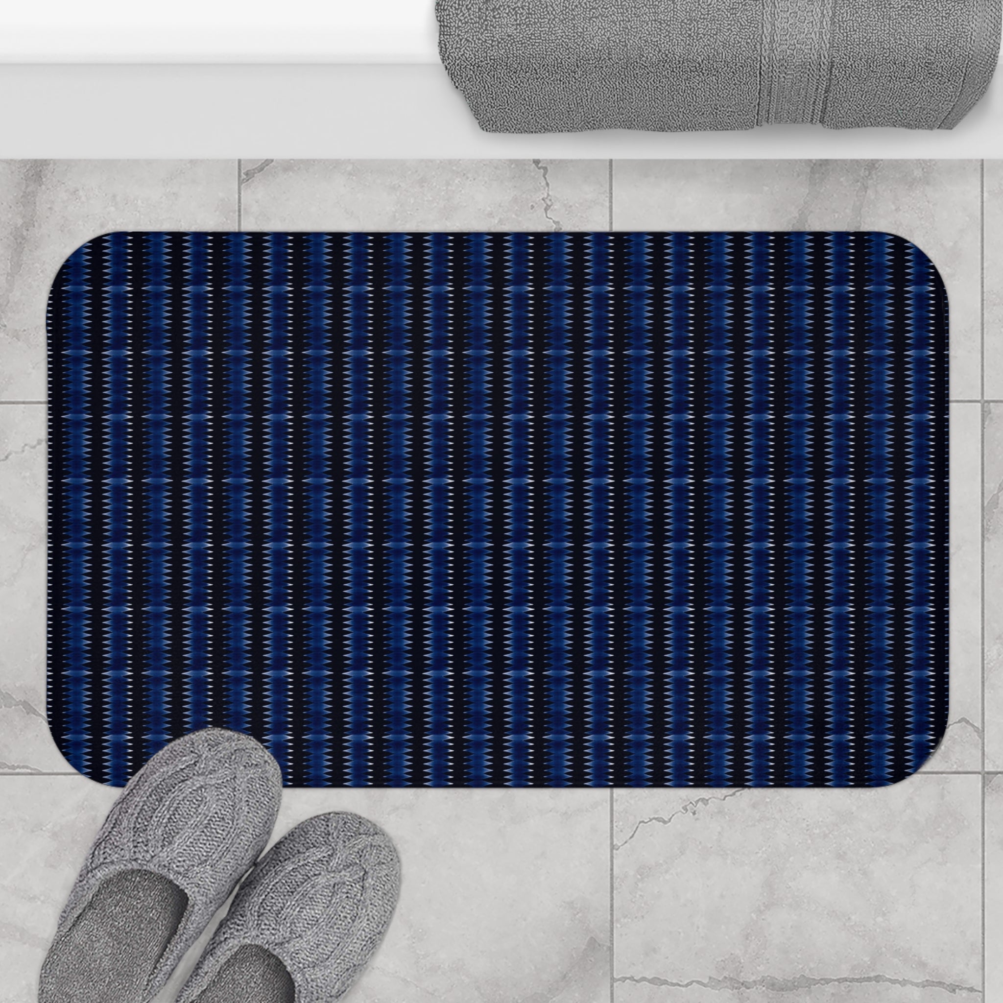 "Mississippi Midnight: Lovely Banjo Blues" Navy Blue Textured Stripe Bath Mat – Non‑Slip Bathroom Rug