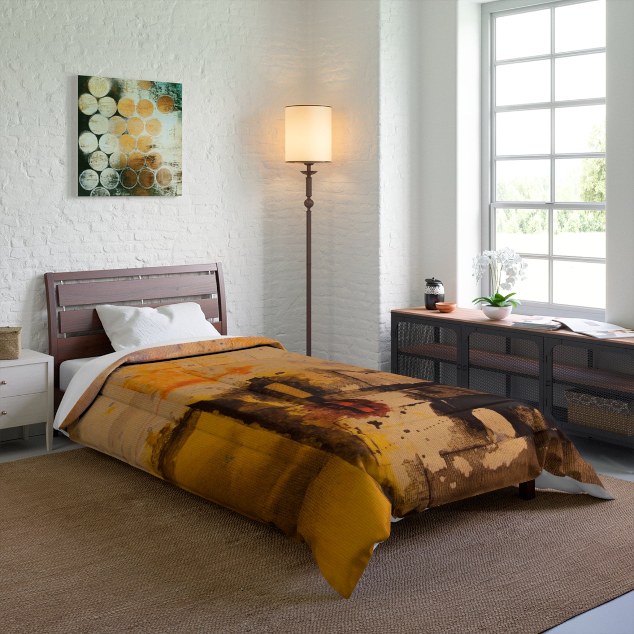 "Dance in the Rain" Abstract Ochre Art Comforter – Warm Yellow Modern Bedding