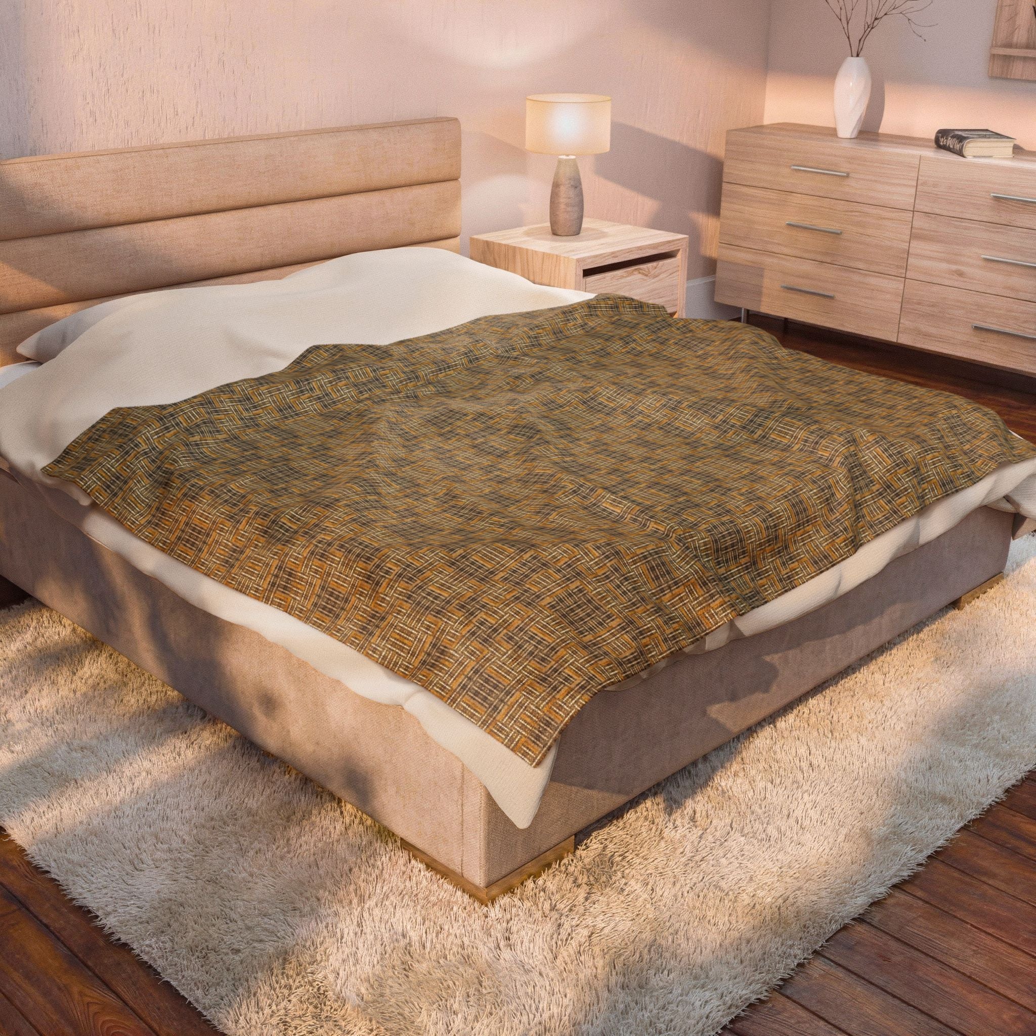 "All Things Fall Apart" Green, Gold, and Brown Woven Textile - Cozy Plaid Velveteen Plush Blanket — Warm Brown Check Throw