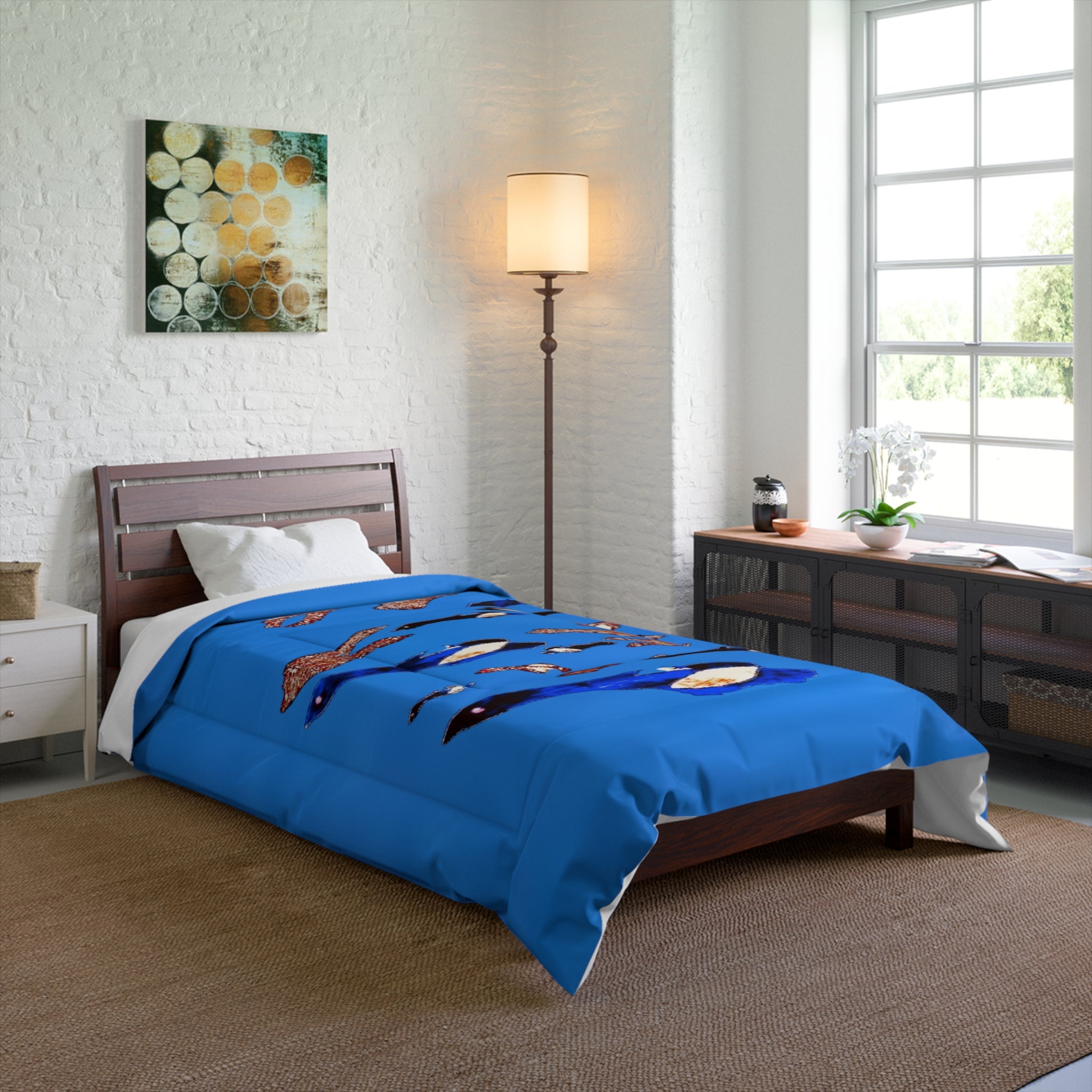 "Fly Me to the Moon" Flock Cerulean Blue Comforter — Playful Arctic Animal Bedding