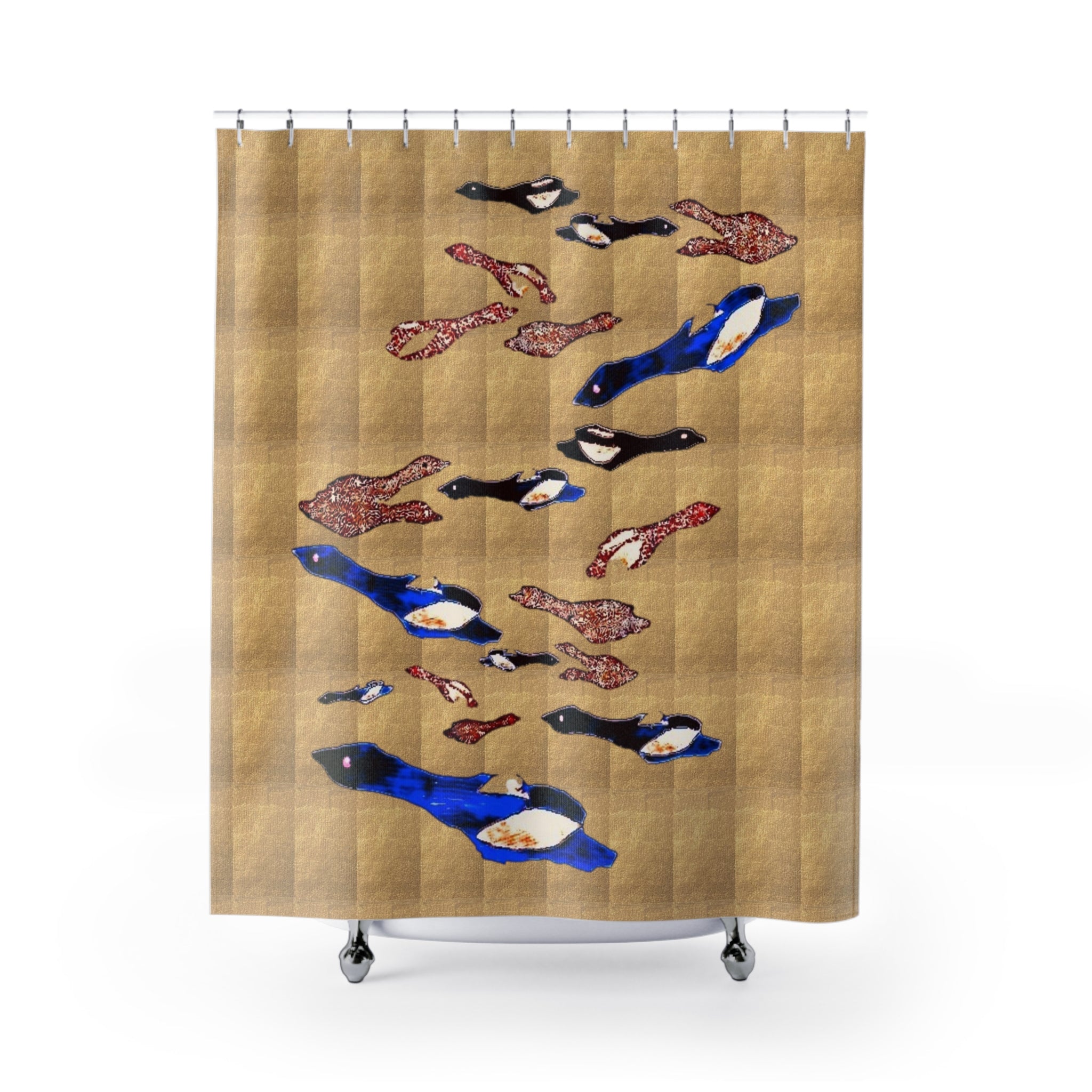 "Fly Me to the Moon" Gold Shower Curtain — Blue & Copper Nautical Bathroom Decor