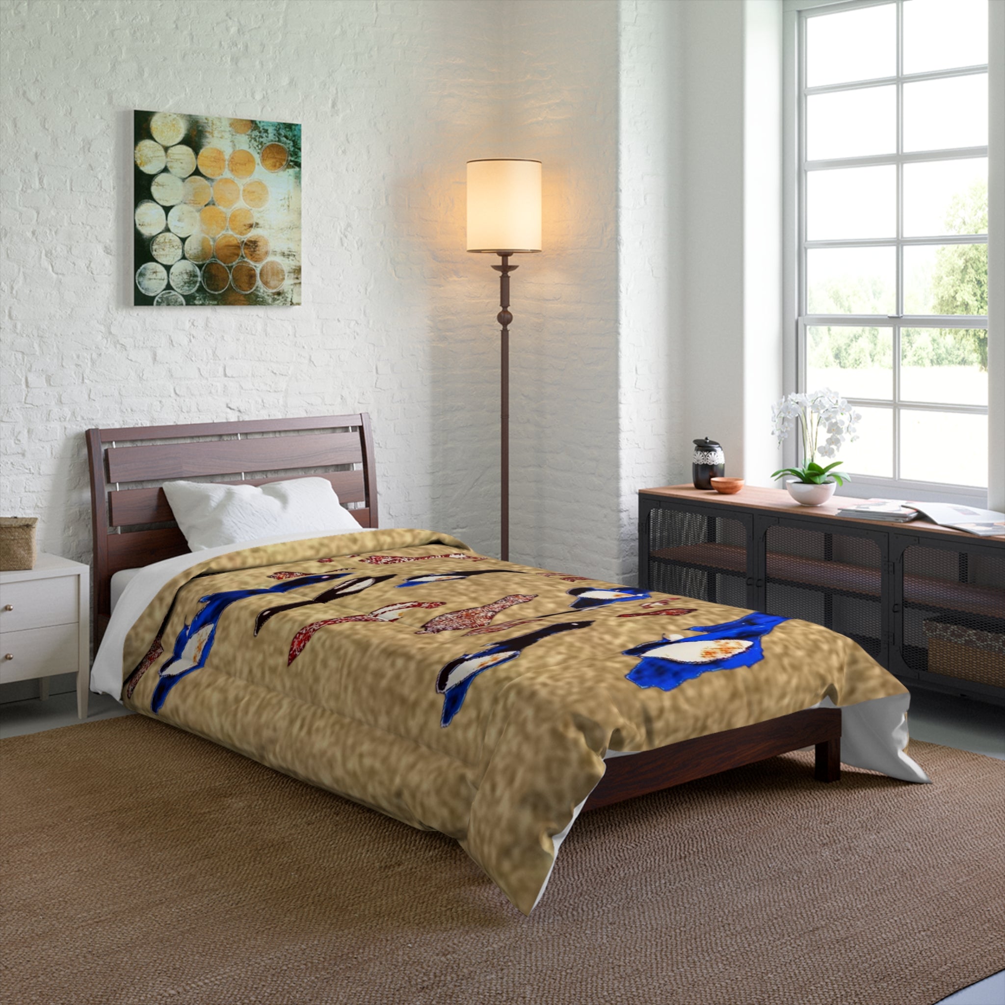 "Fly Me to the Moon" Bird Comforter – Beige Asian-Inspired Bedspread with Blue & Red Carp Pattern